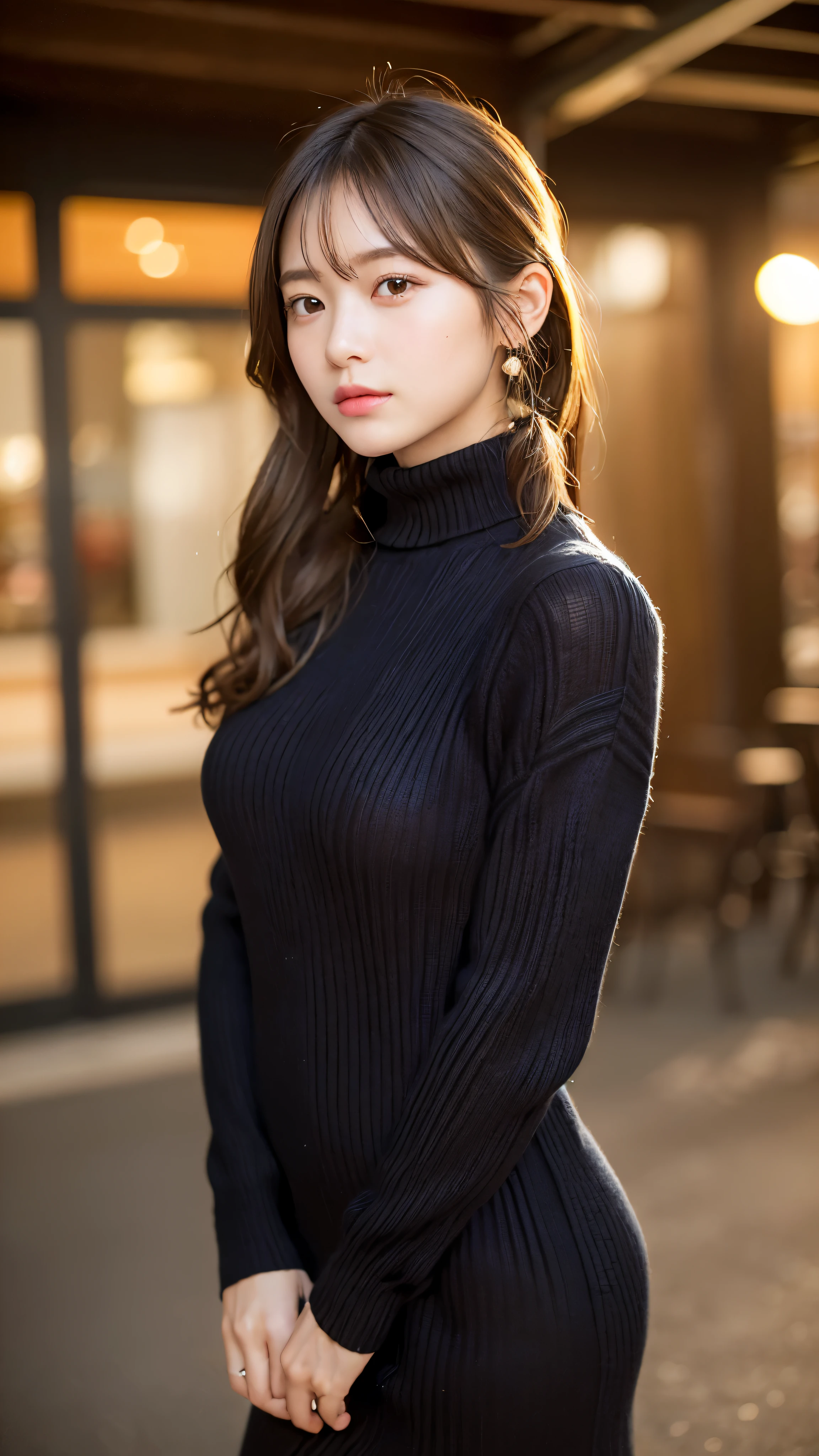 (masterpiece:1.5)、(realistic:1.5)、(highest quality:1.4、8K、RAW photo)、
ultra high resolution、professional lighting、perfect dynamic composition、Shooting outdoors、whole body、
film grain、chromatic aberration、(Bokeh:1.1)、blur the background、
Frank、Sophisticated、charm、超realistic、high detail、golden ratio、perfect anatomy、
(1 girl)、slender girl、繊細でcharm女の子、cute woman:1.4、
serious expression、looking at the viewer、
light brown hair、shining hair、(Hair style is ponytail)、
skin that looks real、
close your mouth、fine eyes、double eyelid、thin arms、、
(fluffy and、She is wearing a black turtleneck knit sweater dress.:1.4)