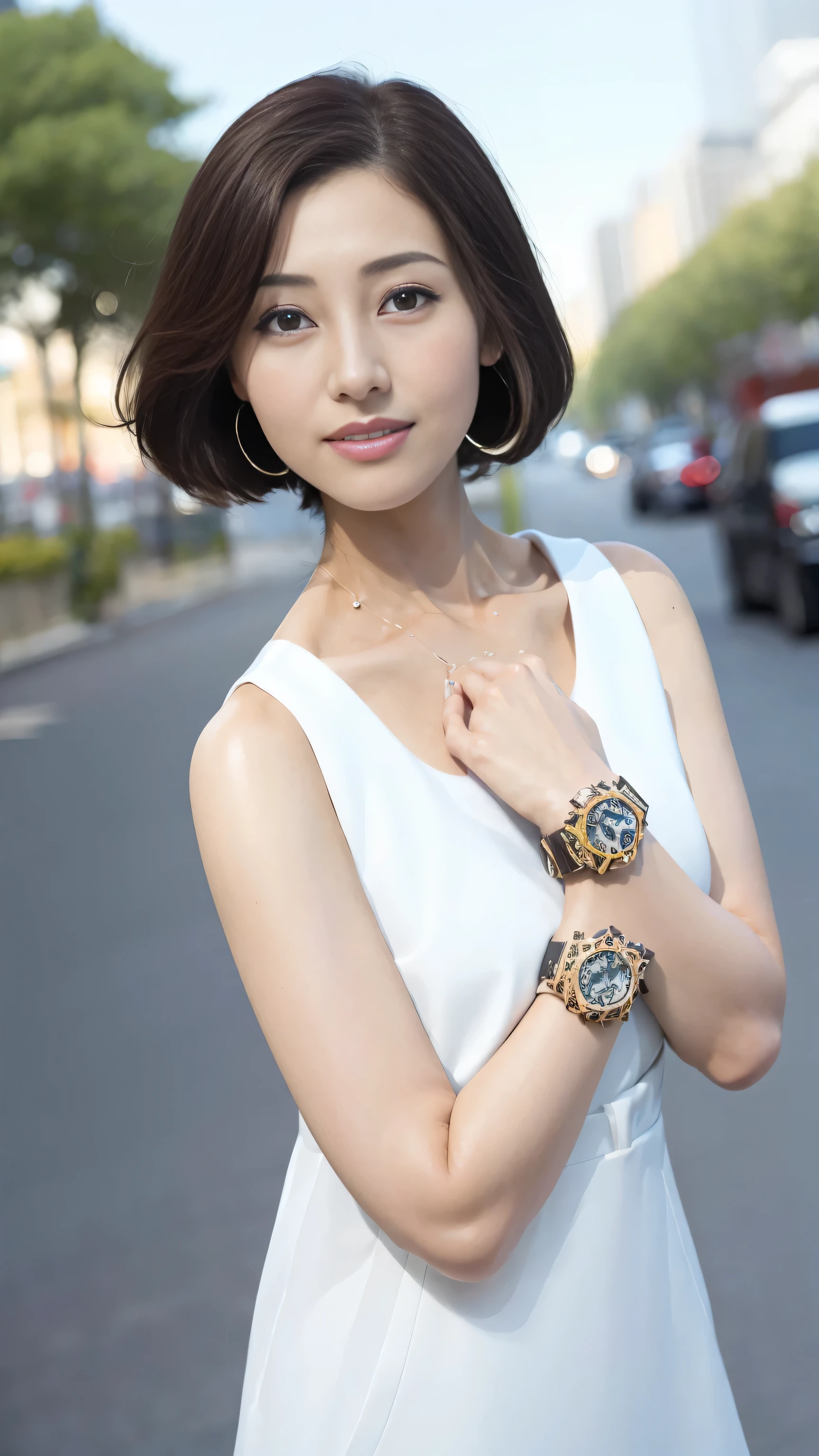 ((top quality、8k、Masterpiece:1.3))、1 girl in、a smile、Full body female love、face slimming、beautiful woman、(dark brown hair)、Sunlight、White long skirt:1.1、Super detailed face、exquisite eyes、double eyelids、blurred background、face slimming、New York Manhattan、take out、a street、