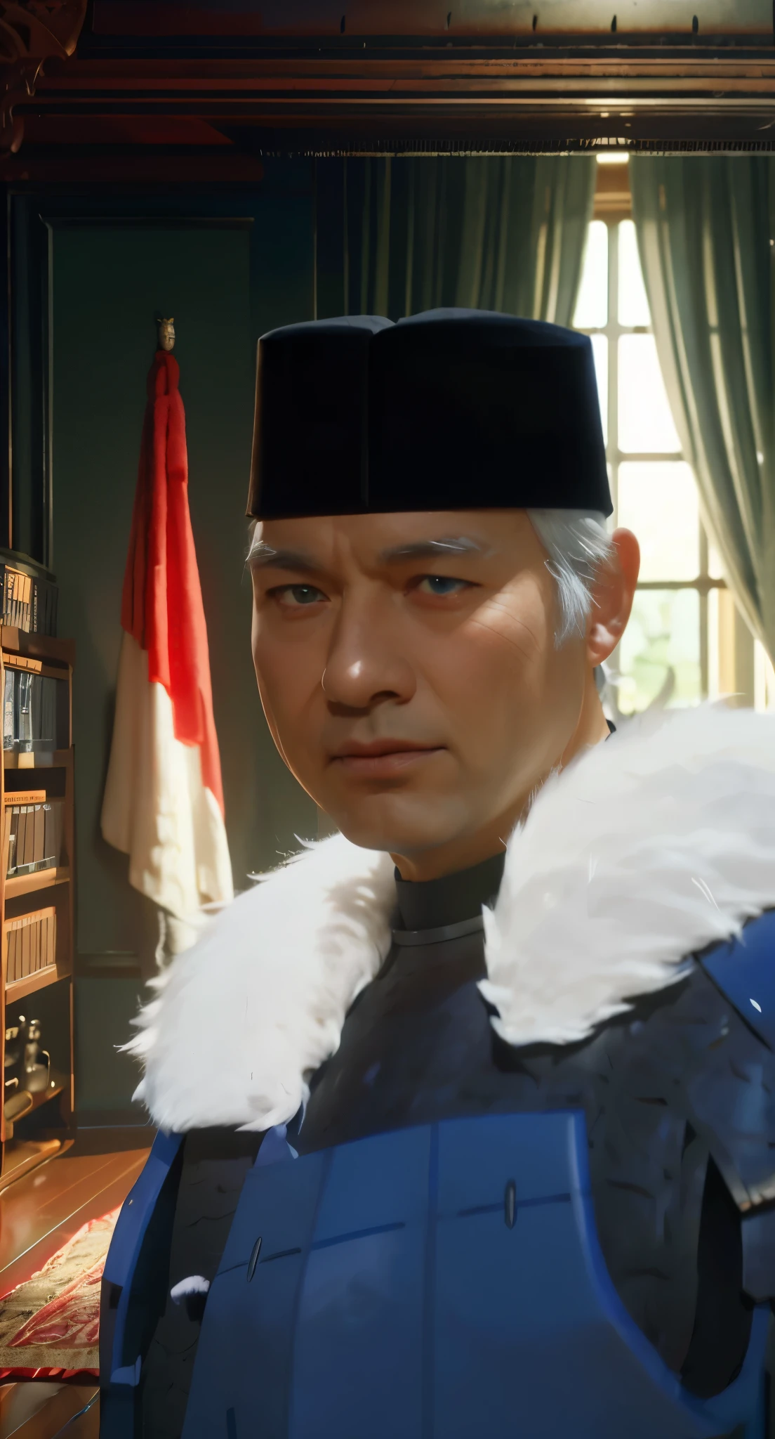 Real life adaption of this character,grandpa,white hair,wear realistic same outfit, wear blue iron armor on hand and chest like samurai outfit,(blue iron armor on chest ),wear realistic black Cap on head, Realistic furry collar ,realistic same background,realism, hyper realistic, realistic light, realistic shadow,(photorealistic 1:2)