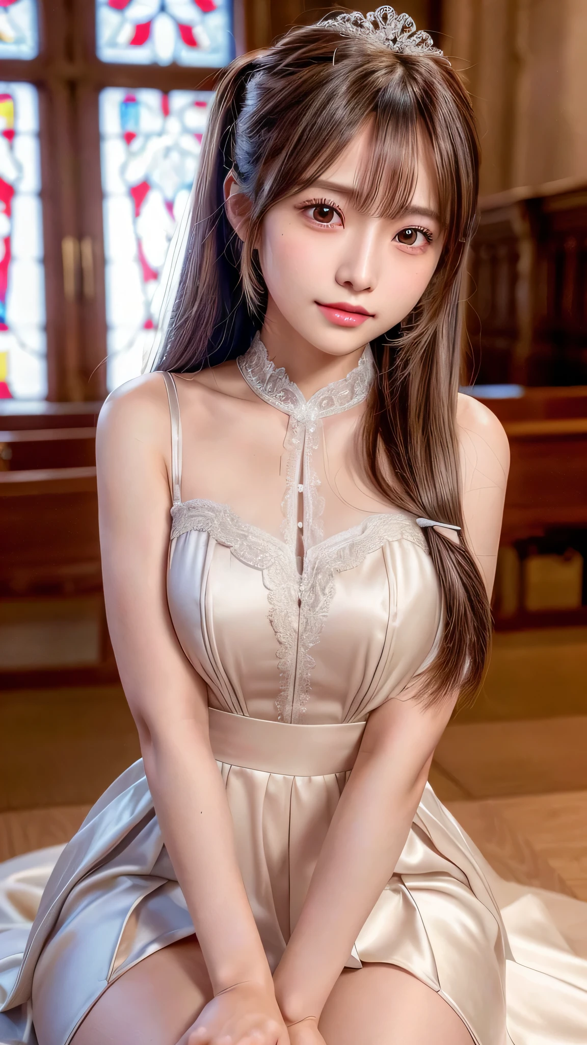 blush,,long hair ponytail,wearing a wedding dress,I am in a majestic church with shining European stained glass.,She wears a shining silver tiara,((8K, Raw photo, best quality, muste piece:1.2), (Reality, photorealistic:1.4), (Highly detailed 8K wallpaper), Depth of bounds written, cinematic lighting, soft light, detailed beauty eye,Shiny and smooth light brown ponytail, asymmetrical bangs, shiny skin, super detailed skin ,high resolution, high detail, detailed hairstyle, detailed beauty face, hyper real, perfect limbs, perfect anatomy ,1 Japanese girl,famous japanese idol, perfect female body,shy smile,short eyelashes,double-edged eyelids,look straight here,Hair style is ponytail,Stand and pose