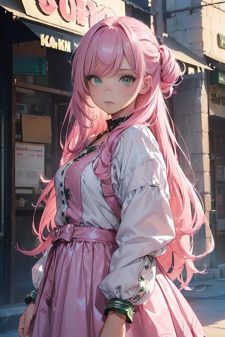 ((1 girl)), latest trend clothes, Cute Fashion,cowboy shot,((Super detailed,highest quality, High resolution, 8k wallpaper, beautiful clothes,)),((pink hair, long hair,straight hair,two side up)) (green eyes),eye shadow, eyeliner,Glow eye, highly detailed eyes, complicated eyes, beautiful eyes, ((shining pink eyes))18 year old girl.