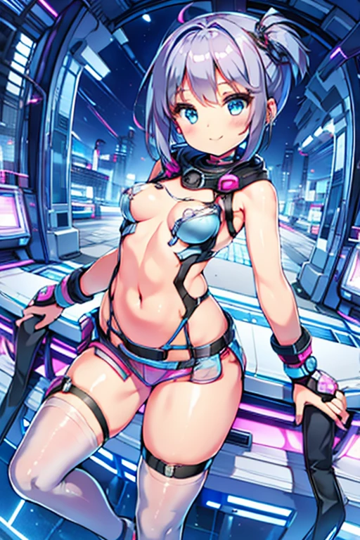 8K, RAW photo, night light, Beautiful cyberpunk style young girl, Light blue and pink shorthair, pink eyes, high resolution skins, Beautiful woman in a black top and short skirt, pose for a photo, Multi-point, 19 years old, reveal her sexy body, hourglass illustration, Because I'm slender, small breasts, sample belly, Looking at the camera and smiling, night city background, neon light