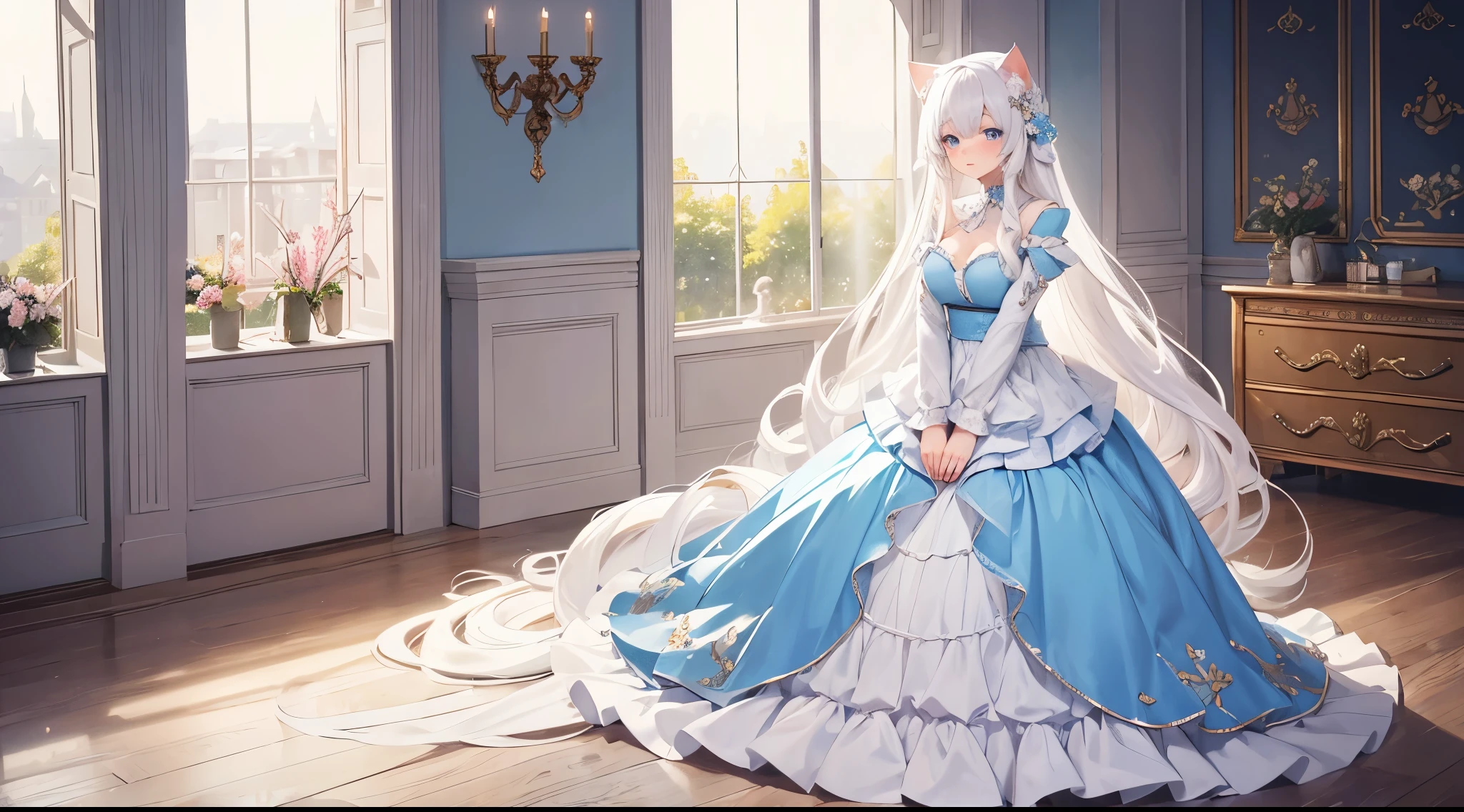 A beautiful (neko girl) with beautiful long white hair and blue eyes wearing a beautiful and delicate dress. The artwork is a masterpiece, totally perfect,super detailed.The setting is a beautiful room