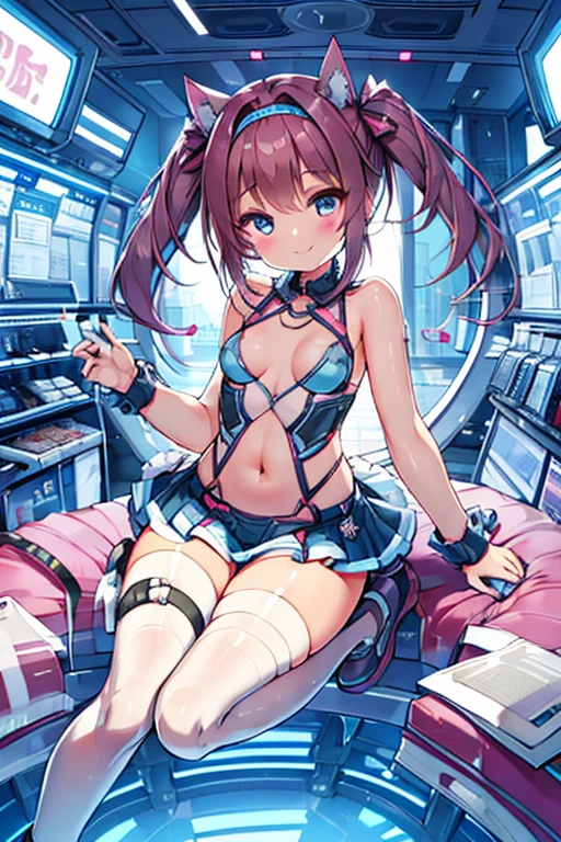 8K, RAW photo, night light, Beautiful cyberpunk style young girl, Light blue and pink shorthair, pink eyes, high resolution skins, Beautiful woman in a black top and short skirt, pose for a photo, Multi-point, 19 years old, reveal her sexy body, hourglass illustration, Because I&#39;m slender, small breasts, sample belly, Looking at the camera and smiling, night city background, neon light