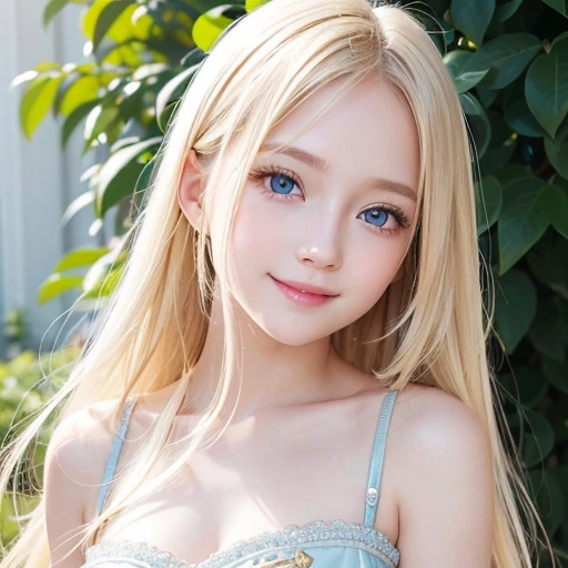 shiny skin、 Very cute and beautiful face、Shiny and very beautiful bright white skin、very beautiful and cute pale blue eyes、Beautiful very long shiny blonde hair with golden shine、one little very beautiful cute young girl、10 talents、Beautiful cute bright look、Clear double eyelids、(very happy smile 2)、Embarrassed blush