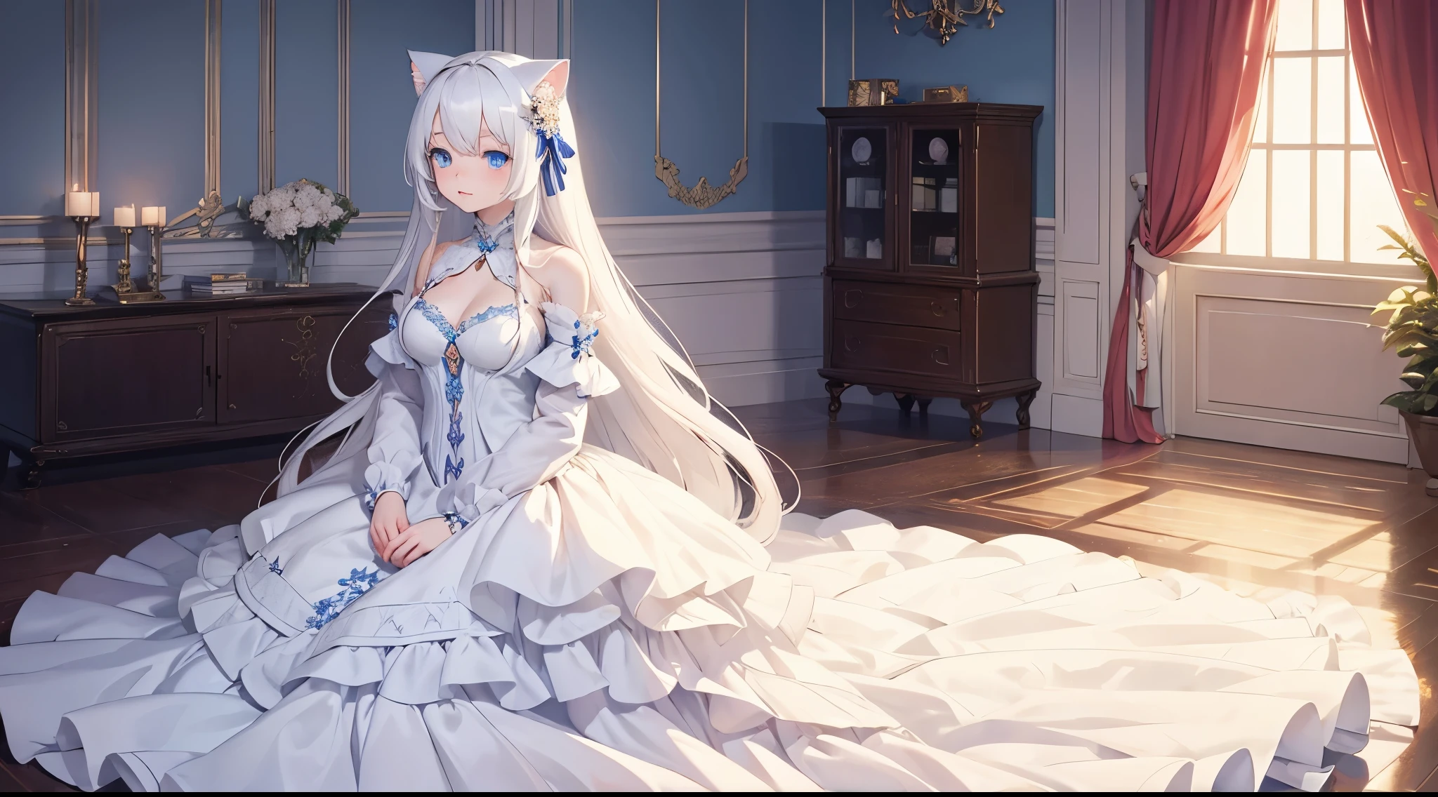 A beautiful (neko girl) with beautiful long white hair and blue eyes wearing a beautiful and delicate dress. The artwork is a masterpiece, totally perfect,super detailed.The setting is a beautiful room