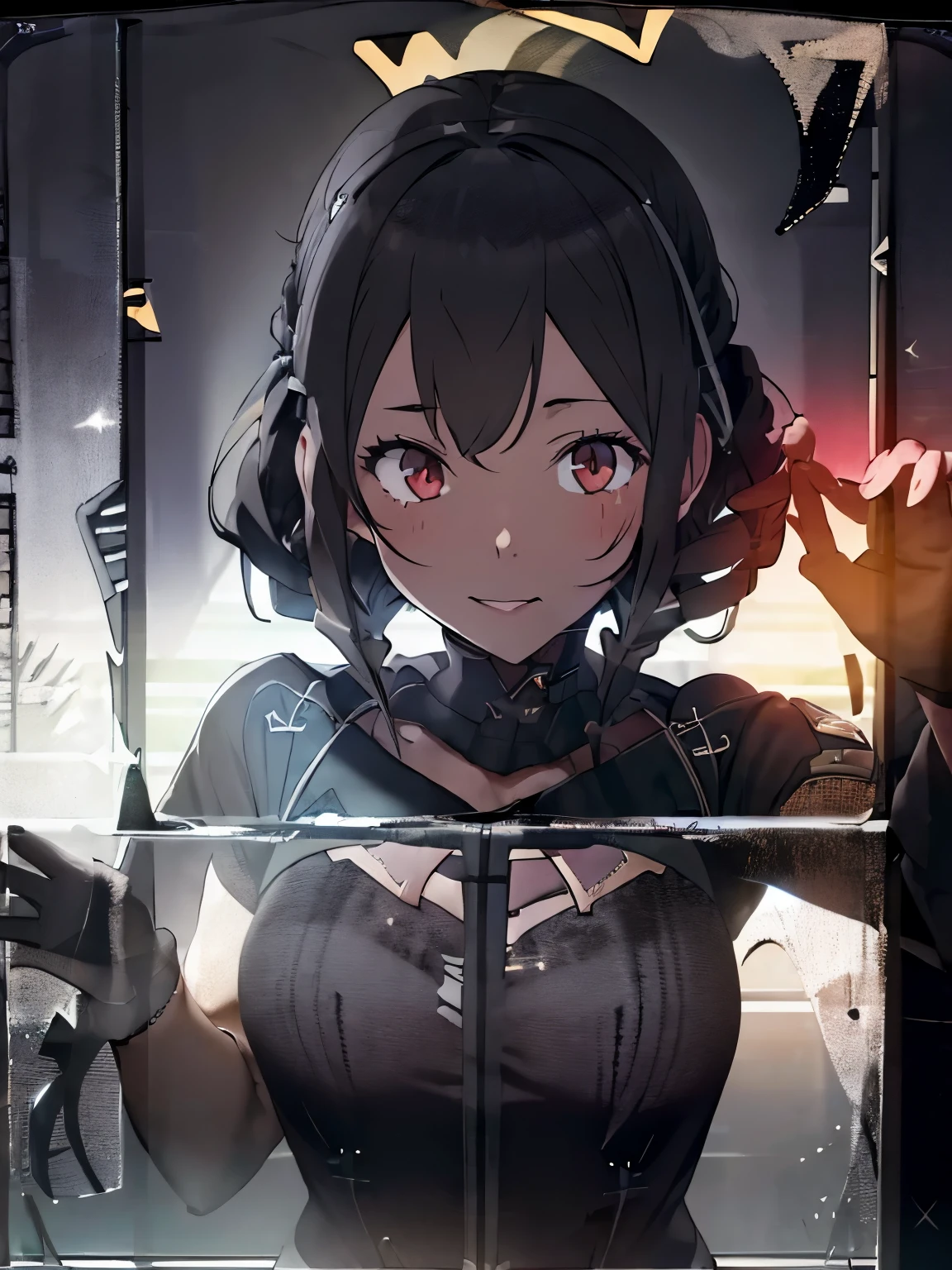 ((Blackout:1.8)),((hair is curly)),(Braided shorthair:1.3),((A luxurious crown like a king)),(With bangs:1.2),BREAK ((Girl with bloody red eyes)),her face is cute、smile,BREAK ((Tattered dancer's clothes dyed in darkness)),(A transparent and torn veil),BREAK ,(close up of face),((Placing the palm of your hand through the glass:1.6)),BREAK//((Pitch darkness:1.8)),((silhouette art:1.5))