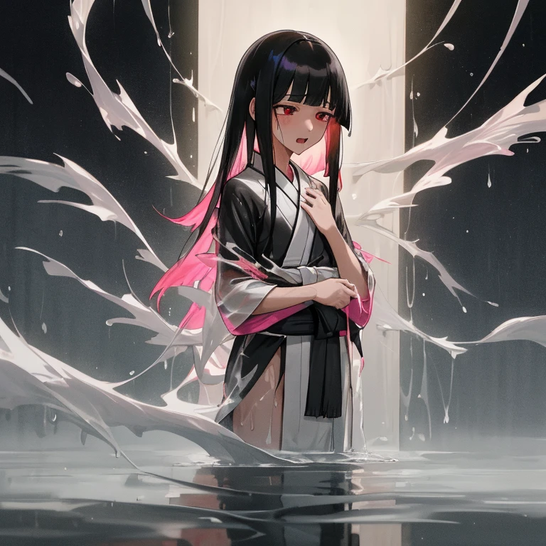 {{{{{gigoku syozyo}}}}}
{{{{amazing quality, great quality, high quality, very aesthetic, aesthetic, best quality}}}},
realistic, photo, shadow, Three-dimensional, absurdres, Digital art,
{{{{Magical girl}}}}, beautiful girl, one girl, ,
black hair, long hair, straight hair, trimmed hair, shiny hair, blunt bangs, short sideburns,
red eyes, {{big eyes}}, {{round eyes}}, eyes wide open, tareme,
{{flat chest}}, {{small breasts}}, {{detailed body}},
{{{Floral black kimono}, white tabi, black geta for women}}},
cluster amaryllis, black butterfly,
No panties, no bra, distress, resistance, defeat, inferiority, absurdres, aroused, sexual pleasure, troubled face, shy,
orgasm, Screaming, sensitive body, Sweat, trembling, torn clothes, wet clothes, melted clothes, transparent clothes, damaged clothes, girl gets wet, girl takes a bath, wet hair, A girl is immersed up to her waist in cloudy liquid, A girl is covered in cloudy liquid, Multiple transparent pink slimes clings to the girl's body,
