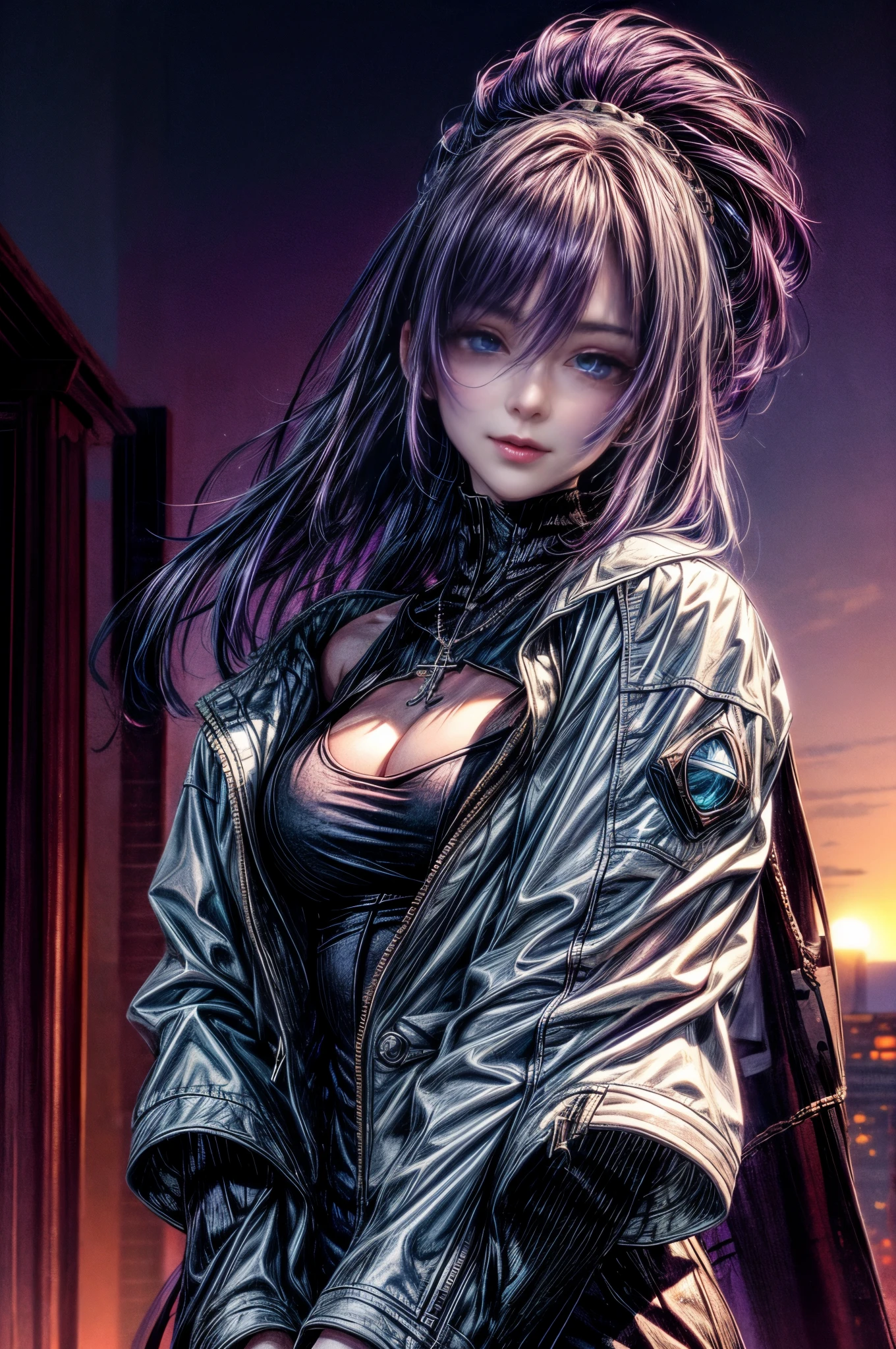 cinematic lighting、highest quality,cyberpunk world、1 female、(20 year old beautiful woman、Detailed beautiful facial features、medium hairの紫髪、shoulder length hair、blue eyes、smile、tilt one side'head of:1.4)break,(medium hair、purple hair:1.5)(Plump breasts and cleavage that are about to spill out:1.4)(A white leather jacket over white cyber tech wear with a neat image、Rosary Necklace:1.2)BREAK.purple hair(evening、Sunset、roof of the building:1.2)