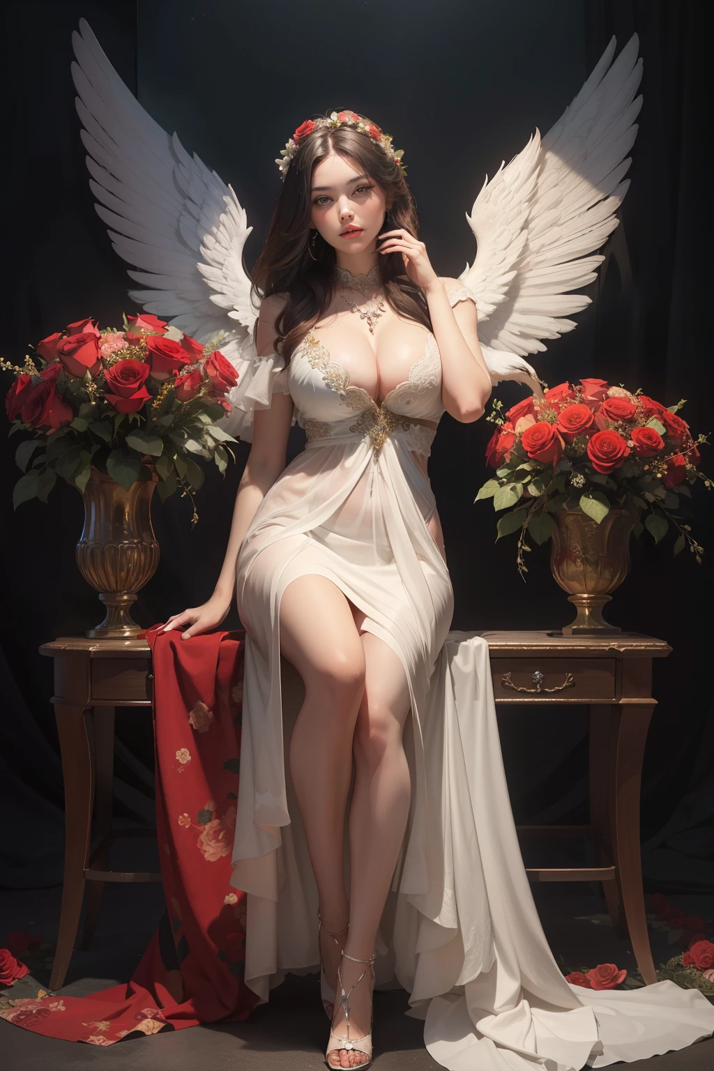 ((best quality)), ((masterpiece)), (detailed), perfect face ,full body image of women of an angel big breast surrounded by red roses. The angel face is obscured for privacy reasons, and it is adorned with floral decorations. Red roses and floral patterns embellish the angel, creating a contrast between the purity of women and the passionate red flowers. The wings of the angel are spread out, adding an element of majesty and grandeur to the composition.
A dark background accentuates the brightness of both the angel and flowers. 