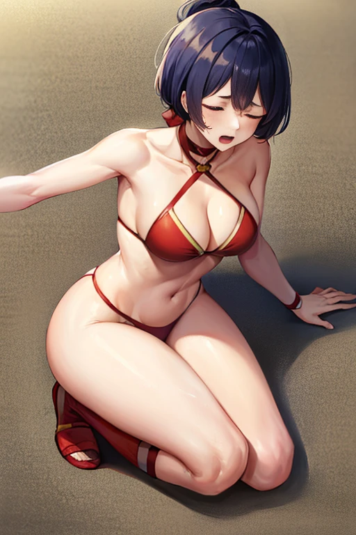 masterpiece, high resolution, best quality, beautiful art, rendered art, well formed hands, body and fingers, 1 woman, solo, Xiangling (30 years old),  up, adult, big breasted, cleavage, wearing a Tyris Flare outfit, sexy and skimpy bikini, alluring body, full body, sexy legs, hips and thighs, ryona, in peril, she is being beaten up by her opponent, receiving the impact of her opponent's attacks, reacting to pain, she is slammed on the sand, closed eyes, screaming in agony, sweating, weak, vulnerable, showing helplessness and fragility, bouncing breasts, ryona and perilous scene, beach background 