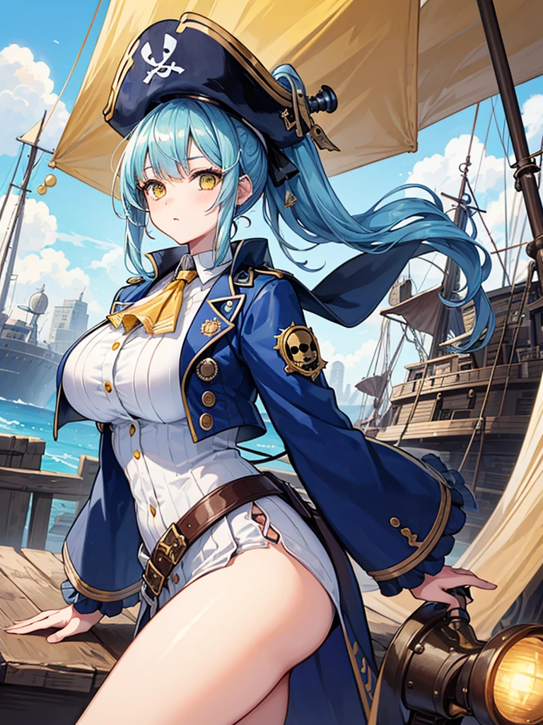 （（（masterpiece、Highest image quality、highest quality、highly detailed unity 8ｋwallpaper）））、（（Illustration of one girl、upper body））、（（（beautiful girl）））、（female pirate）、（Light light blue hair、short ponytail：1.2、yellow eyes）、（（（Right hand is a prosthetic hand、steampunk prosthetic arm）））、（（tall））、（（（muscle girl, muscle, bulky figure, massive frame, thick neck, sturdy arms, powerful legs）））、（captain&#39;s suit、Pirate hat、Blue coat）、Pirate ship deck