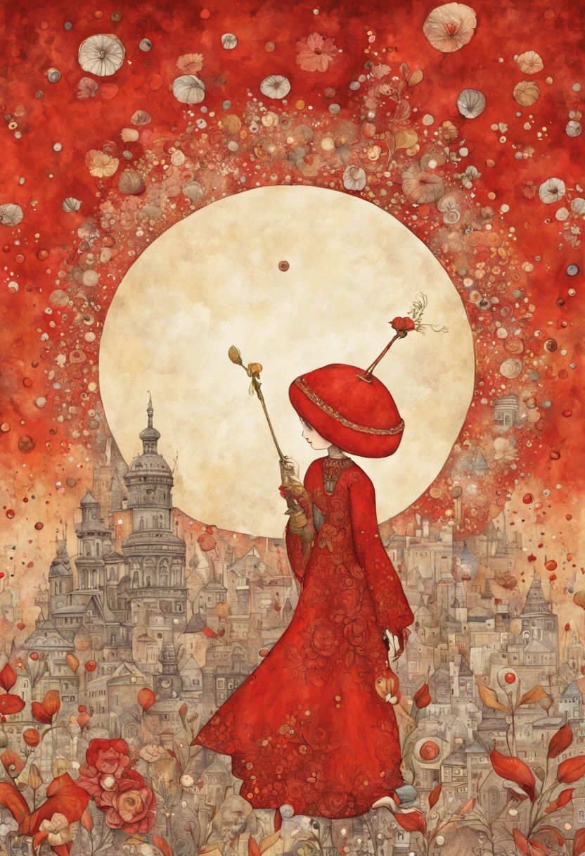 "magical whimsical illustration of a hand painted illustration of a sympahatetic character in the world of tomorrows futures in an explosive red colour, high resolution, fine detailed textures in the mix style of Jane Crowther - BAHMAN - Iris Esther"