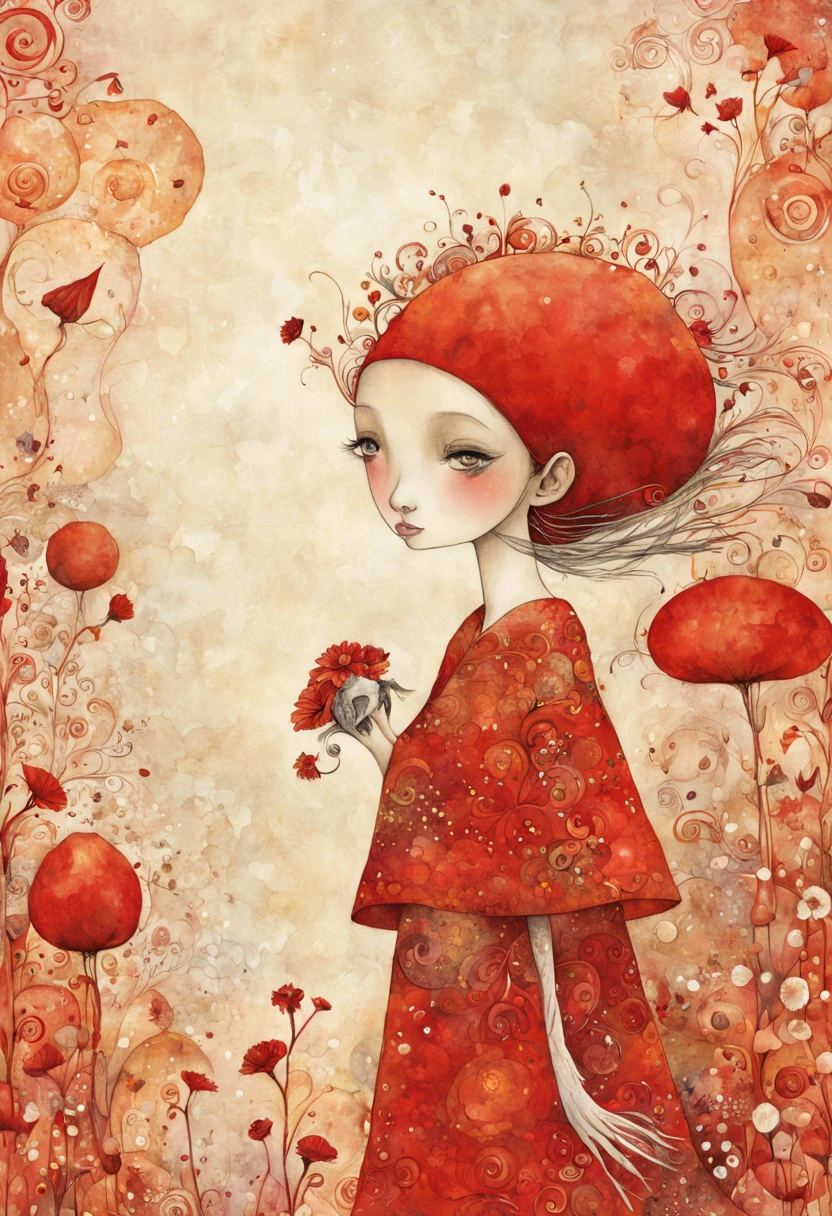 "magical whimsical illustration of a hand painted illustration of a sympahatetic character in the world of tomorrows futures in an explosive red colour, high resolution, fine detailed textures in the mix style of Jane Crowther - BAHMAN - Iris Esther"