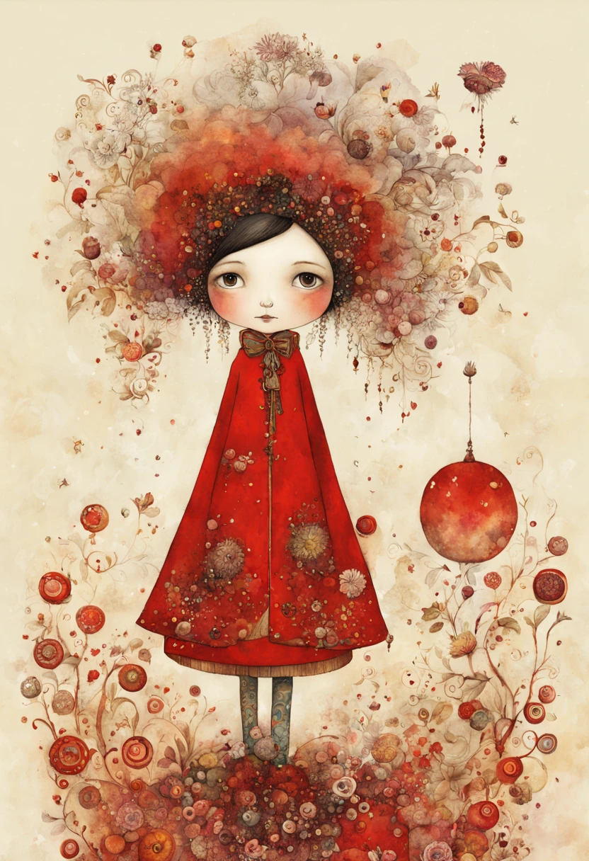 "magical whimsical illustration of a hand painted illustration of a sympahatetic character in the world of tomorrows futures  in an explosive red colour, high resolution, fine detailed textures in the mix style of Jane Crowther  - BAHMAN - Iris Esther"