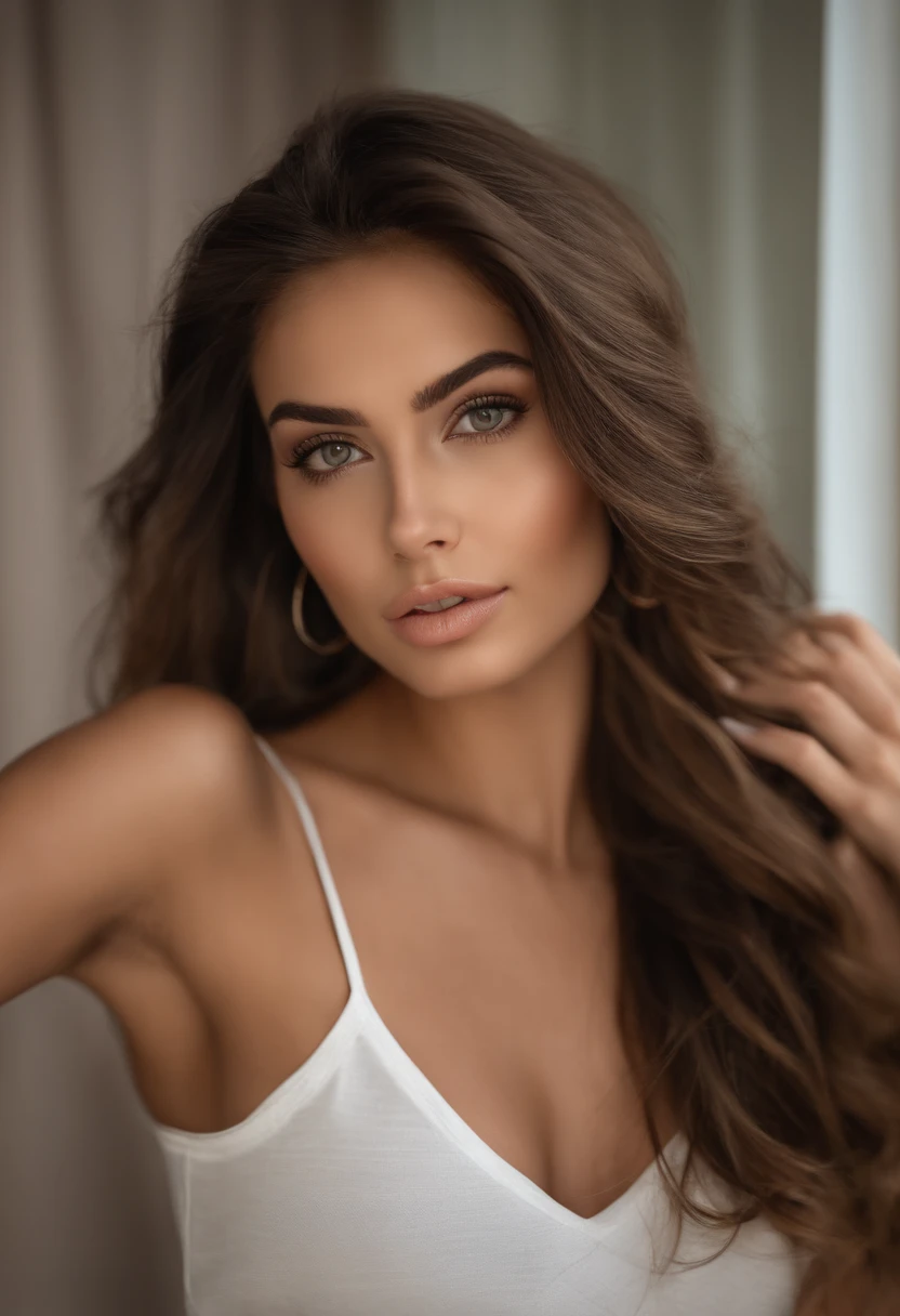 Arafed Mujer con una camiseta blanca sin mangas y un collar, Chica sexy con ojos verdes, Retrato Sophie Mudd, brown hair and large eyes, selfie de una mujer joven, Ojos del dormitorio, Violeta Myers, sin maquillaje, Maquillaje natural, staring directly into camera, cara con artgram, maquillaje sutil, Impresionante foto de cuerpo completo, penetrantes ojos verdes, beautiful angle, Pose atractiva, Cute , pose sexy, Imagen de cuerpo entero, cuerpo completo, full body shoot, Diosa morena, High detail, Pose satisfecha, pantalones de cuero