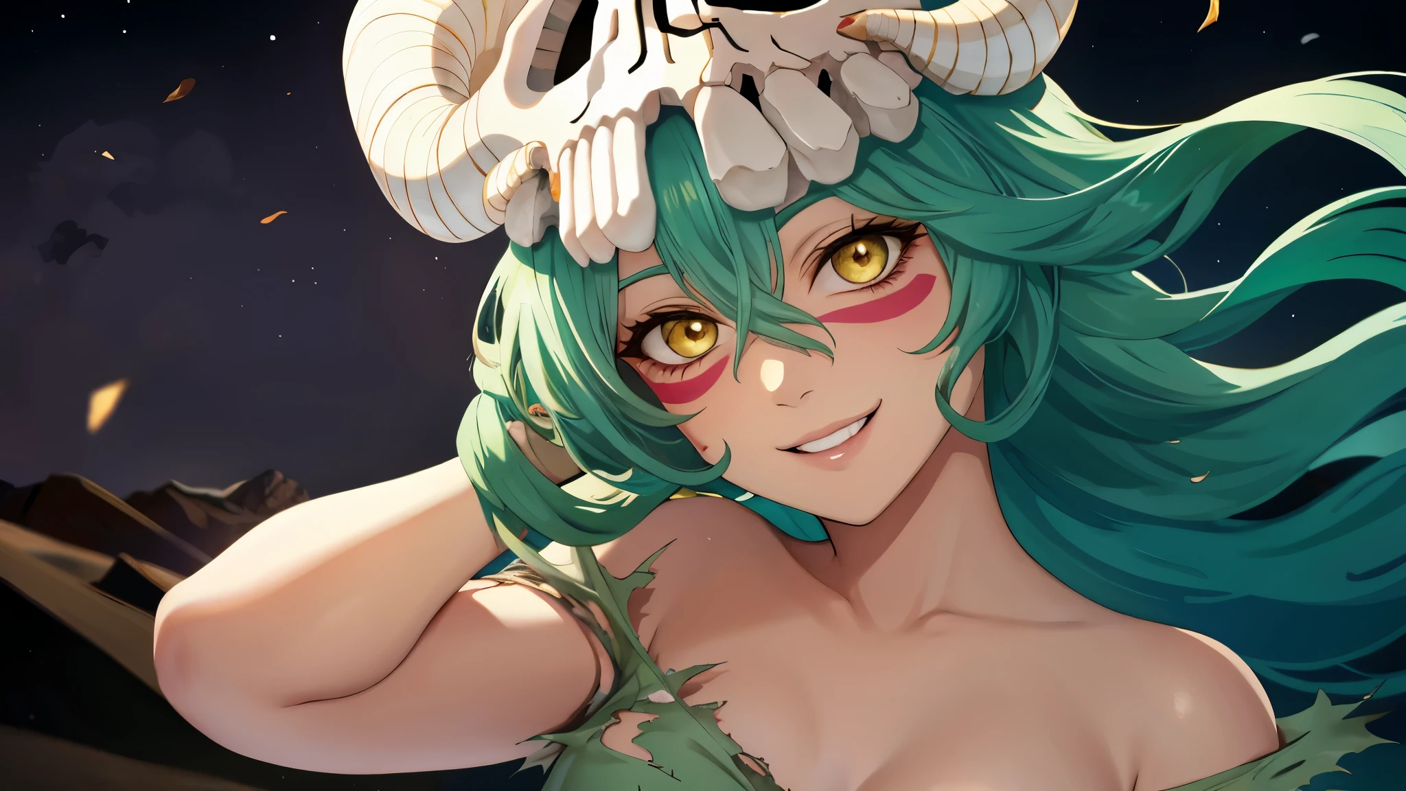 Nelliel to Order Schwank, green hair, yellow eyes, skull, Face mark, smile, parted lips, Happy, torn clothes, desert, white sand, Pitch black sky, 【Pitch black sky】