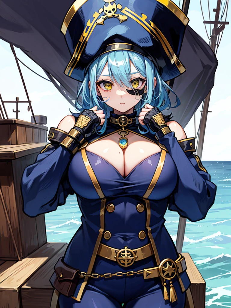 (((masterpiece、Highest image quality、highest quality、highly detailed unity 8kwallpaper)))、((Illustration of one girl、upper body))、(((beautiful girl)))、(female pirate)、(Light light blue hair、short ponytail:1.2、yellow eyes)、(((Right hand is a prosthetic hand、steampunk prosthetic arm)))、((tall))、(((muscle girl, muscle, bulky figure, massive frame, thick neck, sturdy arms, powerful legs)))、(captain's suit、Pirate hat、Blue coat)、Pirate ship deck