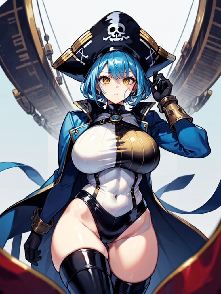 （（（masterpiece、Highest image quality、highest quality、highly detailed unity 8ｋwallpaper）））、（（Illustration of one girl、upper body））、（（（beautiful girl）））、（female pirate）、（Light light blue hair、short ponytail：1.2、yellow eyes）、（（（Right hand is a prosthetic hand、steampunk prosthetic arm）））、（（tall））、（（（muscle girl, muscle, bulky figure, massive frame, thick neck, sturdy arms, powerful legs）））、（captain&#39;s suit、Pirate hat、Blue coat）、Pirate ship deck