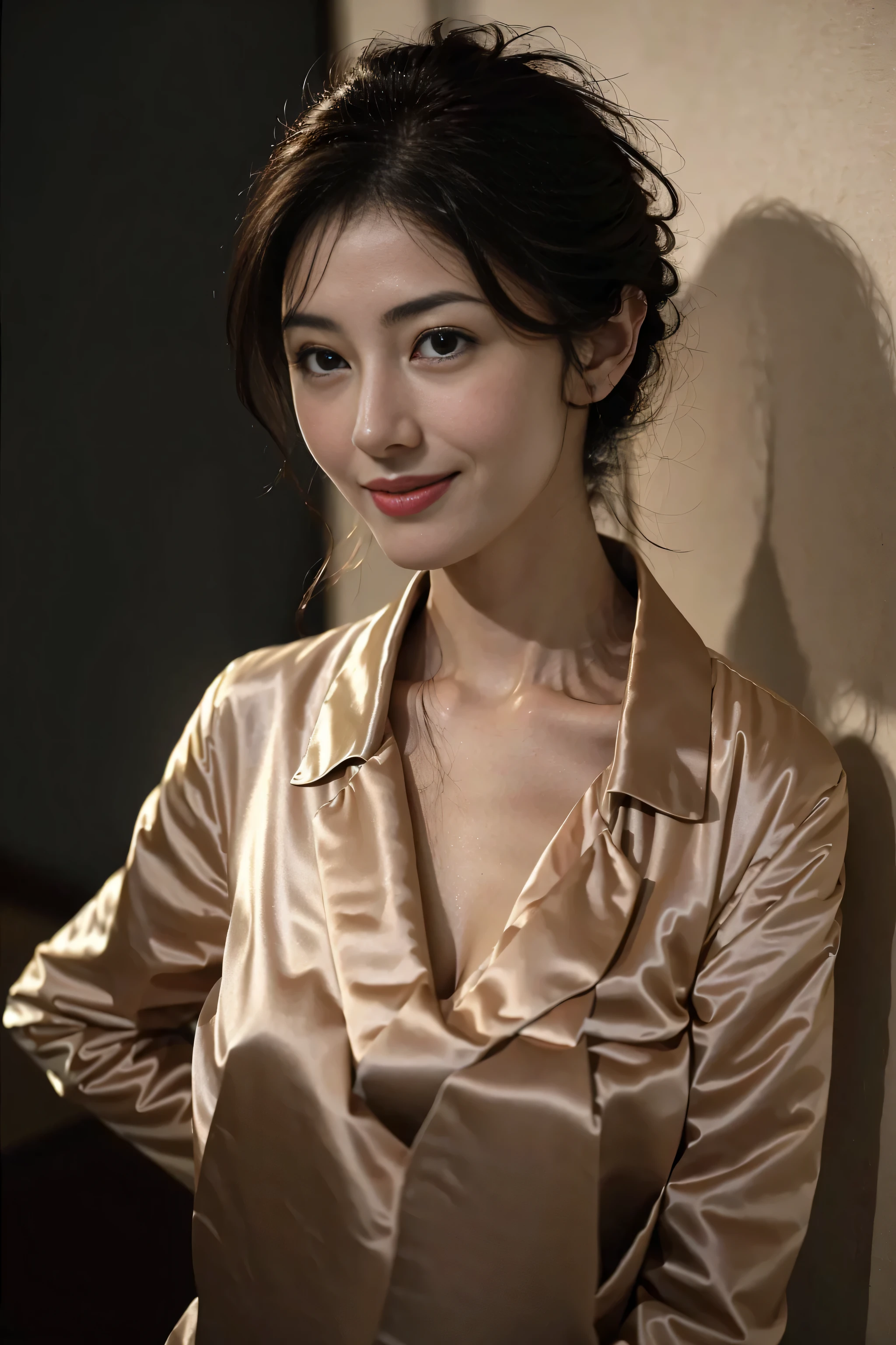 realistic photos of 1 cute Korean star, medium hair, hair flying, white skin, thin makeup, 32 inch breasts size, slightly smile, wearing silk pyjamas, in front of wardrobe, close-up, portrait, Abstract expressionism, UHD