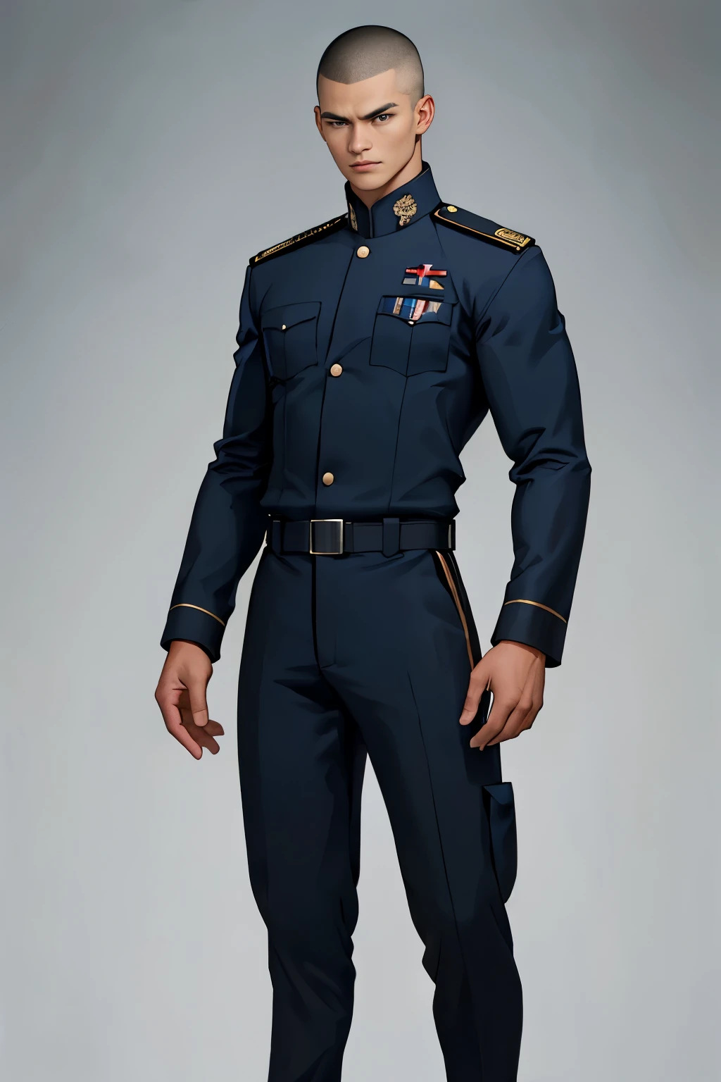 A man, clad in a dark blue military outfit of Indonesia's navy, exudes confidence as he poses with a serious expression and buzz-cut hair. His posture is proud and steadfast, capturing a sense of realism and authenticity - perfect for a cinematic, full-HD studio photography shot. This vivid, high-definition image portrays the man in a realistic, full-body view against a plain, uncluttered background. (Realistic, Real Footage, Cinematic, Full-HD, Studio Photography, Full Body View, Plain Background)