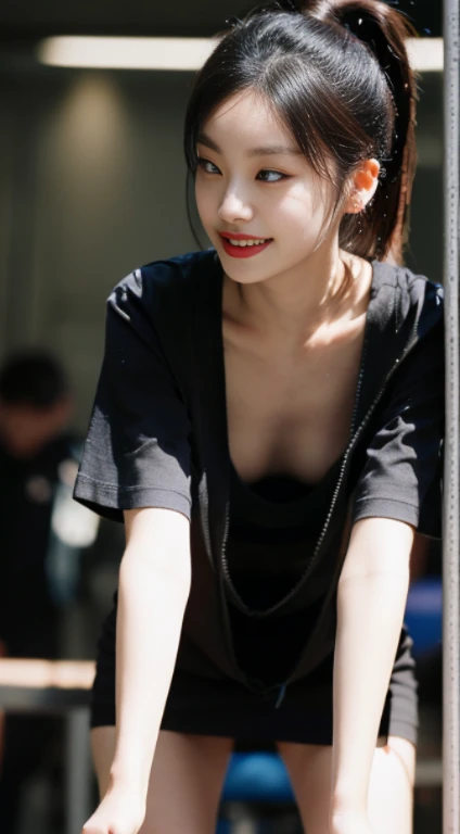((史上類を見ないmasterpiece、highest quality、woman, grin and laugh、erotic lingerie、sexy lingerie、down blouse、(leaning forward:1.3)、(oversize tshirt、Loose-fitting T-shirt、Low Cut T-Shirt:1.2)、(highest quality、8K、32K、masterpiece)、(Detailed bra)、squat、one&#39;s home、blurred background、close up of chest、entrance、mini skirt、physical education sitting、open your legs