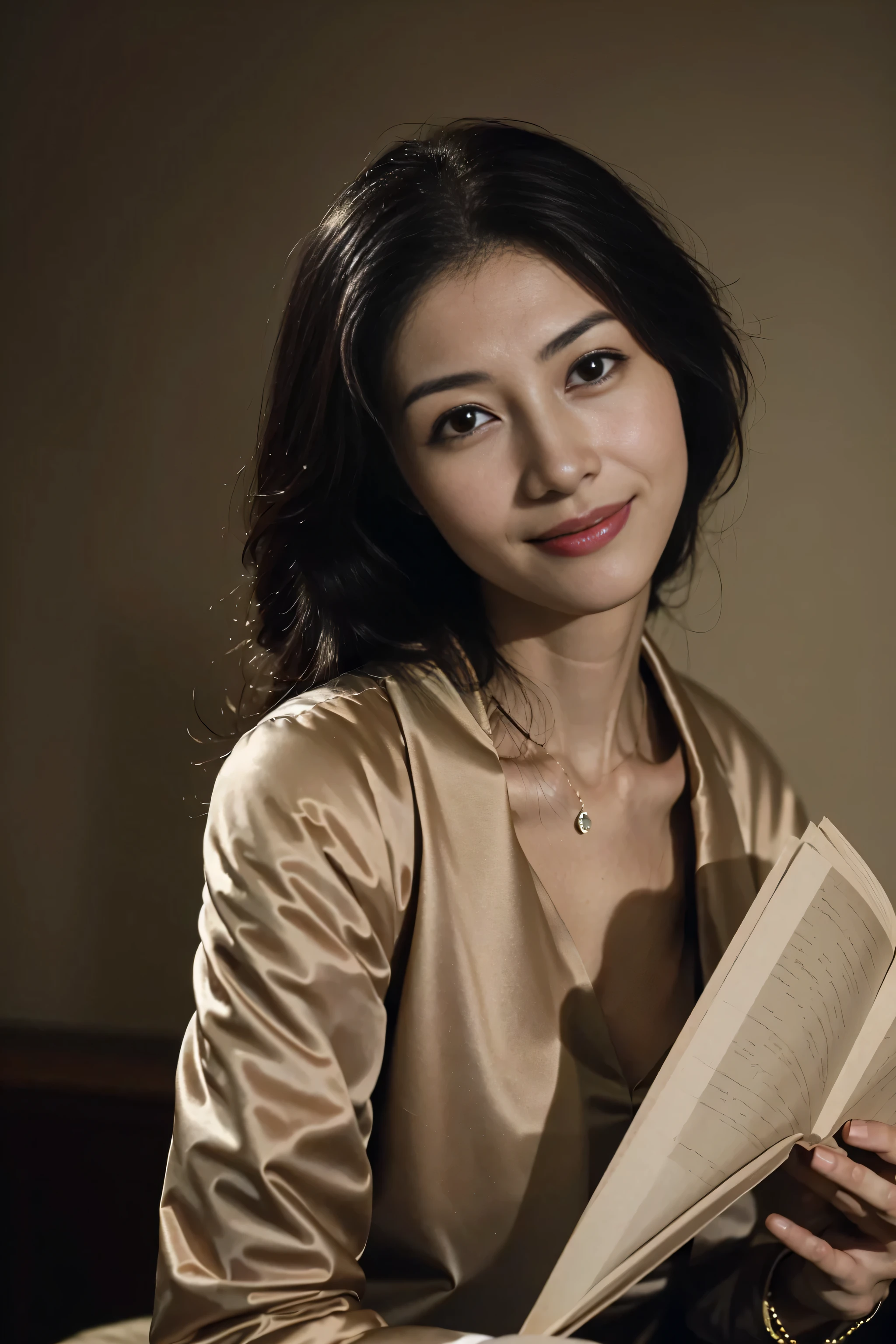 woman reading,curio,a smile,,Sweet and charming appearance.、Caravaggio'Painting、Caravaggio'chiaroscuro,,cute smile, ecstatic watch,a sexy,Seduce you