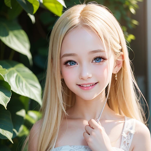 one little very beautiful cute young girl、10 talents、((Very happy smile ))、Embarrassed blush、shiny skin、 Very cute and beautiful face、Shiny and very beautiful bright white skin、very beautiful and cute pale blue eyes、Beautiful very long shiny blonde hair with golden shine、Beautiful cute bright look、Clear double eyelids