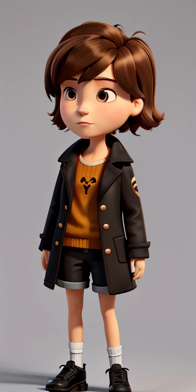 Tomboy girl with short brown hair and black coat 