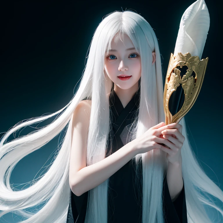 long white hair,girl,Smile,Petite and delicate,Blue eyes,Black simple clothing,Well-behaved and cute,Innocence,Innocent,Indifferent expression,gentle,邪异girl,Contrast,fangs,sacred background,whole body,individual,dragon horn