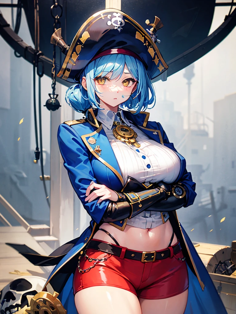 (((masterpiece、Highest image quality、highest quality、highly detailed unity 8kwallpaper)))、((Illustration of one girl、upper body))、(((beautiful girl)))、(female pirate)、(Light light blue hair、short ponytail:1.2、yellow eyes)、(((Right hand is a prosthetic hand、steampunk prosthetic arm)))、((tall))、(((muscle girl, muscle, bulky figure, massive frame, thick neck, sturdy arms, powerful legs)))、(captain's suit、Pirate hat、Blue coat)、Pirate ship deck