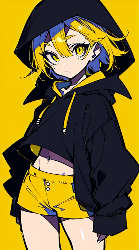 (masterpiece, highest quality:1.6), alone, thick outline, (simple background, Dark yellow background, monochrome, dark yellow theme:1.2), official art, Key Visual, 8K, disorganized, whole body, (Unique hair, Oversized Hoodies, , arch back, short torso:1.2), belly button, thighs, cowboy shot, HDR, sharp focus, High resolution, most detailed, very detailed, Super detailed, finely, detailed eyes and face, sharp pupils, realistic student