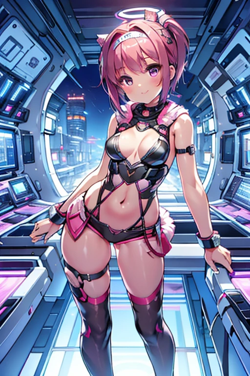 8K, RAW photo, night light, Beautiful cyberpunk style young girl, pink short hair, pink eyes, high resolution skins, Beautiful woman in a black top and short skirt, pose for a photo, Multi-point, 19 years old, reveal her sexy body, hourglass illustration, Because I&#39;m slender, small breasts, sample belly, Looking at the camera and smiling, night city background, neon light