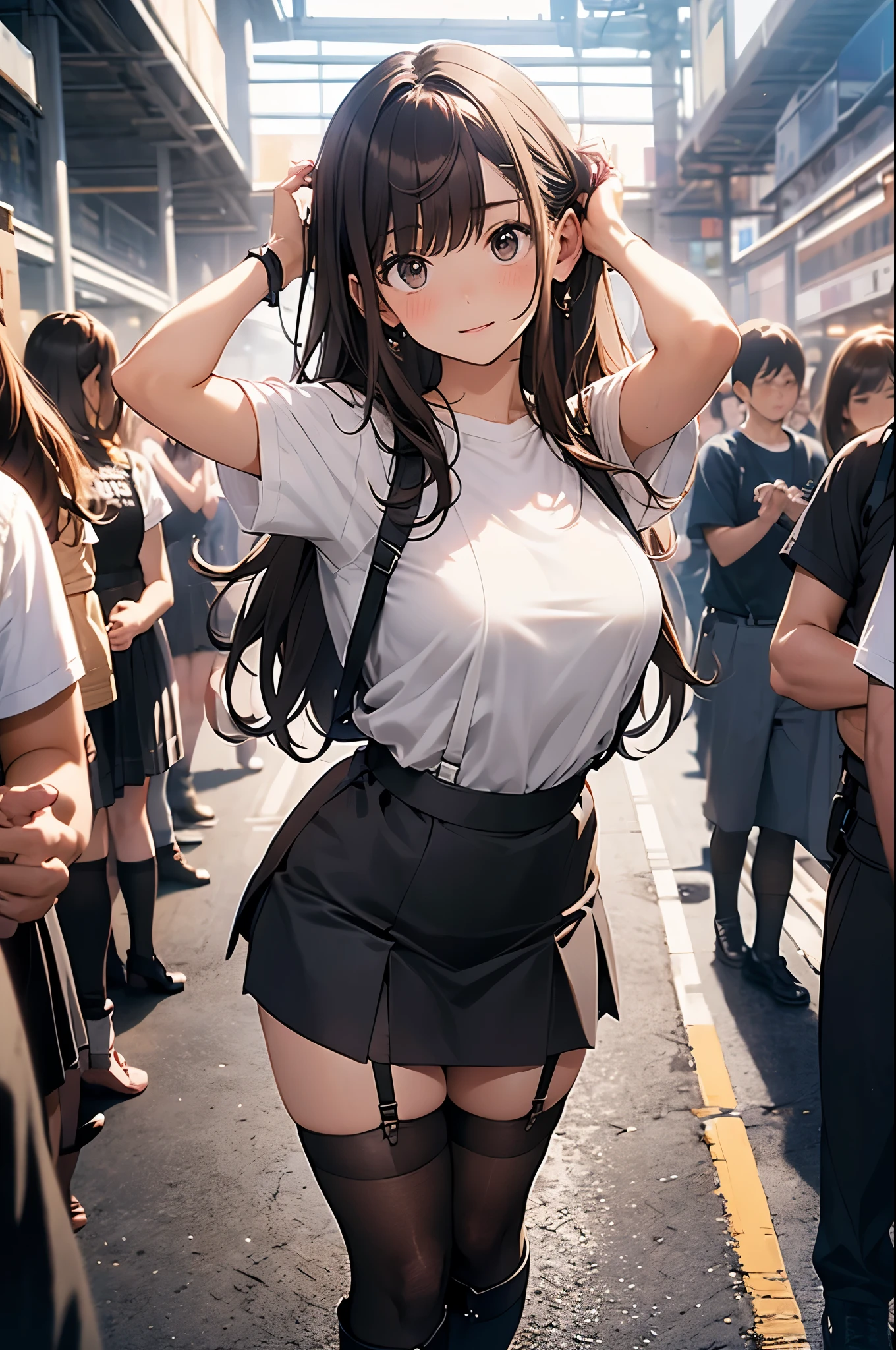 brown hair、looking at the viewer　　suspenders　　　Bulging big breasts　　 　 　　　　Black miniskirt　garter belt　knee high socks　　　　　　Gaze　　　small face　bangs 　　　　　Beauty　　hands up　　 　Gaze 　black boots 　provocation　　armpit sweat　one person 　　put your hands behind your back　cutter shirt　　Panty shot

