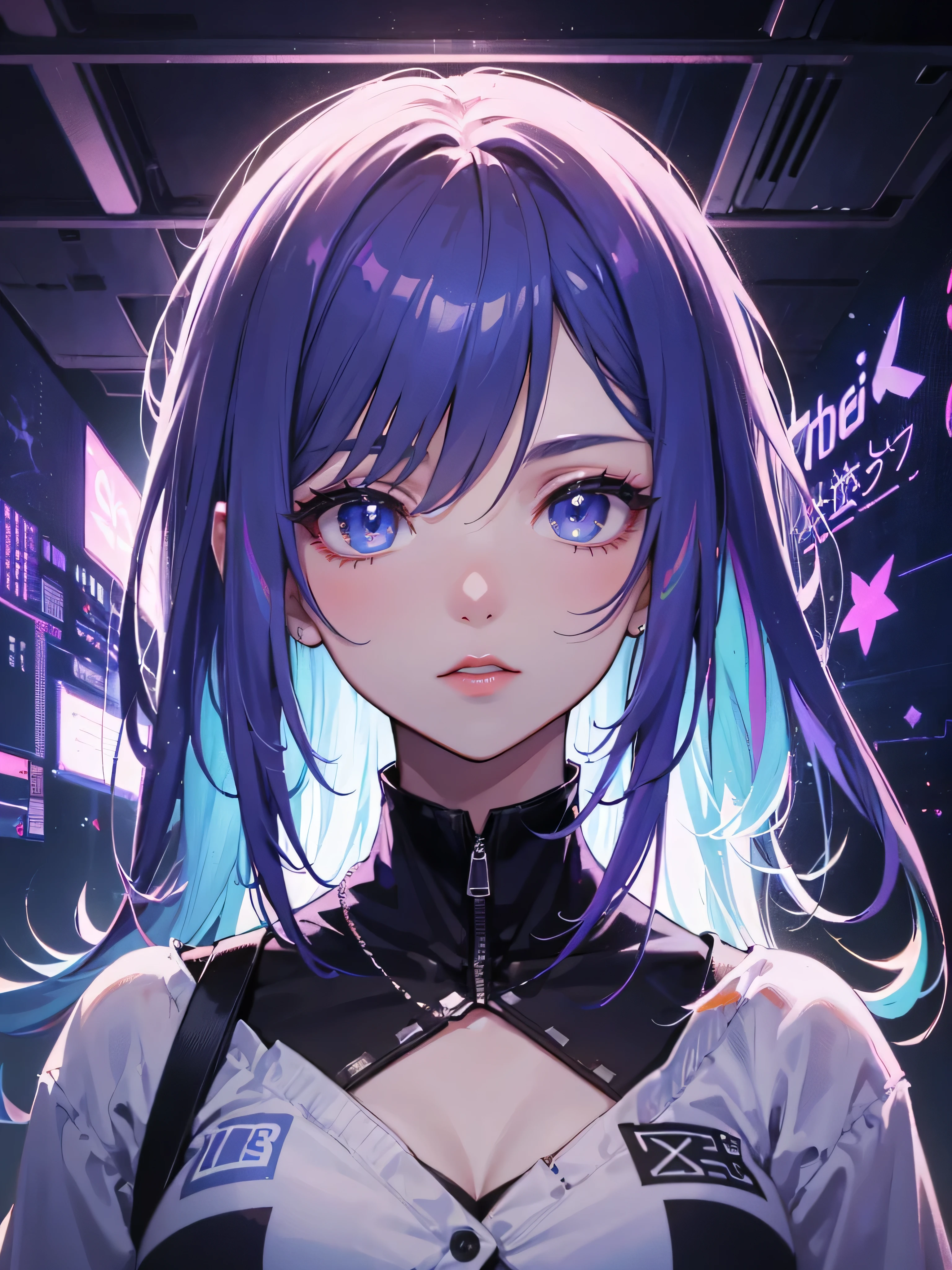 18-year-old anime girl&#39;s facial portrait creates extraordinary 8K masterpiece. She has striking blue, slit eyes。, Two-tone light lavender purple hair. her overall appearance is、、Exudes the aesthetics of a female gamer, wearing a stylish blue costume. Place your character in a room completely bathed in bright purple neon light。, Build a cyberpunk-style environment. The entire room should be illuminated with neon purple light, Room details not displayed, except for the bright glow. With this setting、Blur the background to emphasize the entire environment. Character composition must be created with great care, with impeccable red lipstick, eyelash, and very detailed eyes. Pay attention to the ultra-detailed face, lips, A unique way to incorporate hair that sets you apart from others. her very long hair、That should be the characteristic of this portrait....., Highlight eye-catching features with cinematic lighting. Add a touch of mystique to the artwork by including an ancient scroll with the words 'ME♡XO' written on it, Retained or prominently displayed within the configuration. This parchment must be an important element of the portrait. your character&#39;Your eyes should have a mesmerizing blue glow, Perfect match for gamer theme. The final result should be a true masterpiece, Highlight amazing details in this 8K facial portrait. Focusing only on her face、Must capture the essence of the unique and tough anime player girl...., The entire room is illuminated with neon purple light.  8K, 。...............................3D, realist, super micro photography, highest quality, Super Detol CG Unity 8k,perfect face