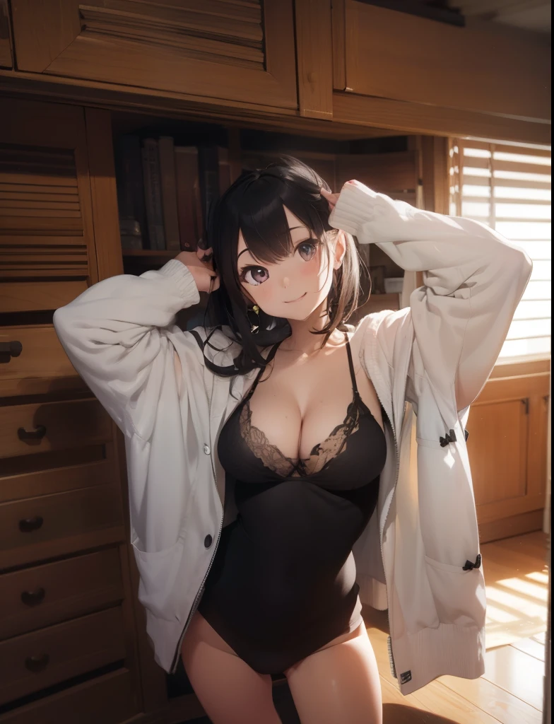 super high quality, ultla highres, hyper-detailed, high contrast, Ultrafine Strike, creative refinement,black hair,smile,Show cleavage,living room,5 fingers,
