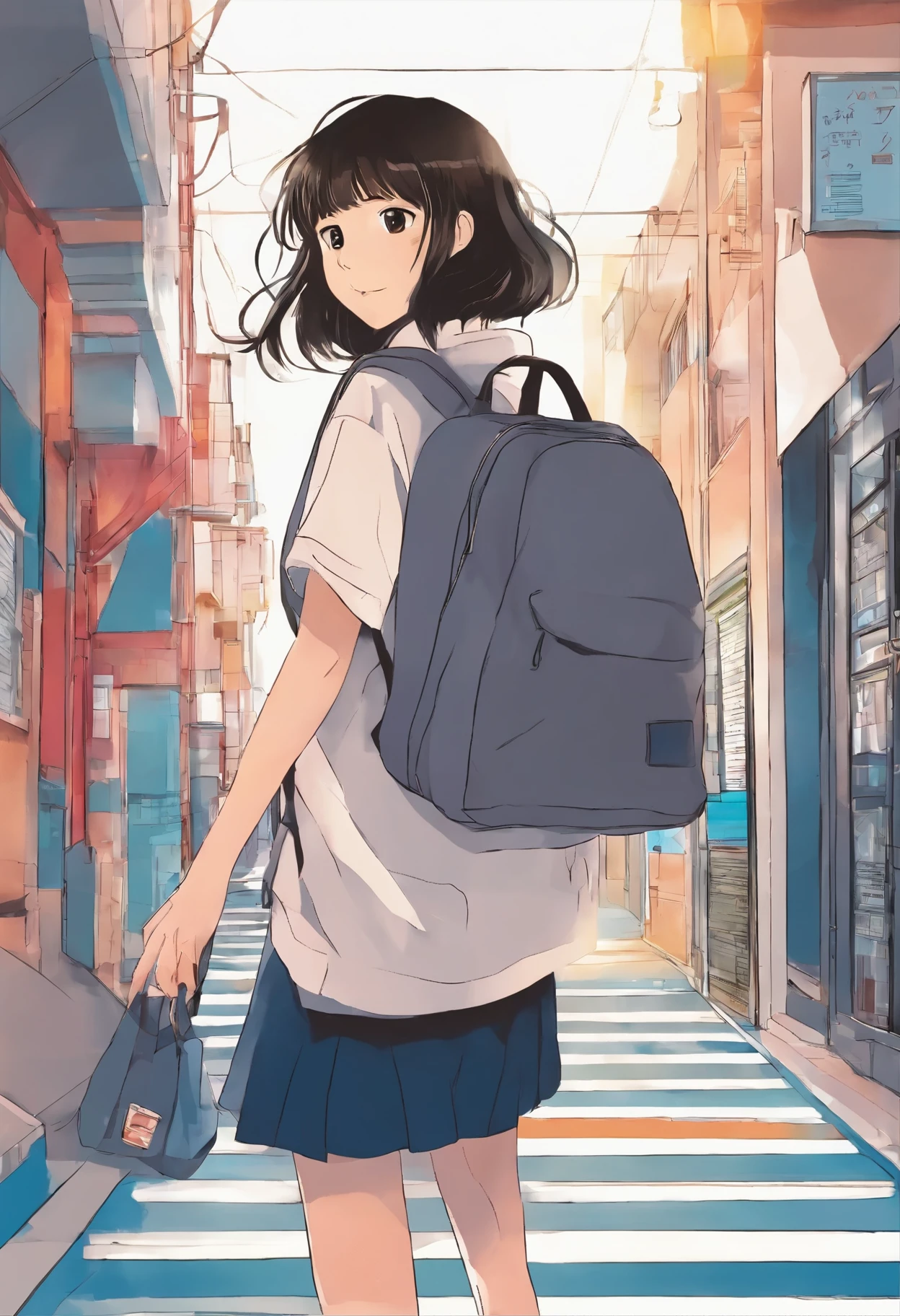 A 15-year-old Asian girl carrying a heavy bag to school