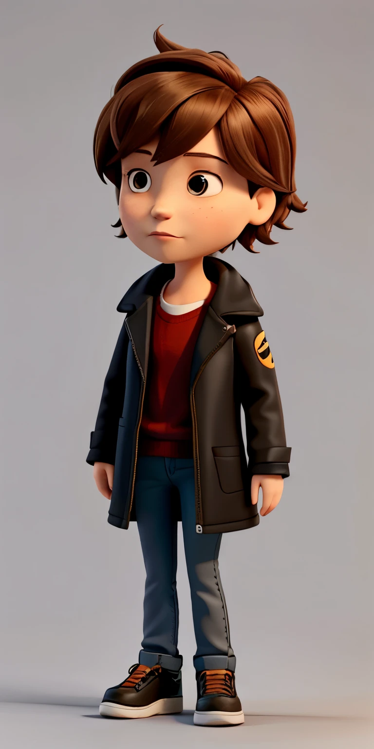 Tomboy girl with short brown hair and black coat 