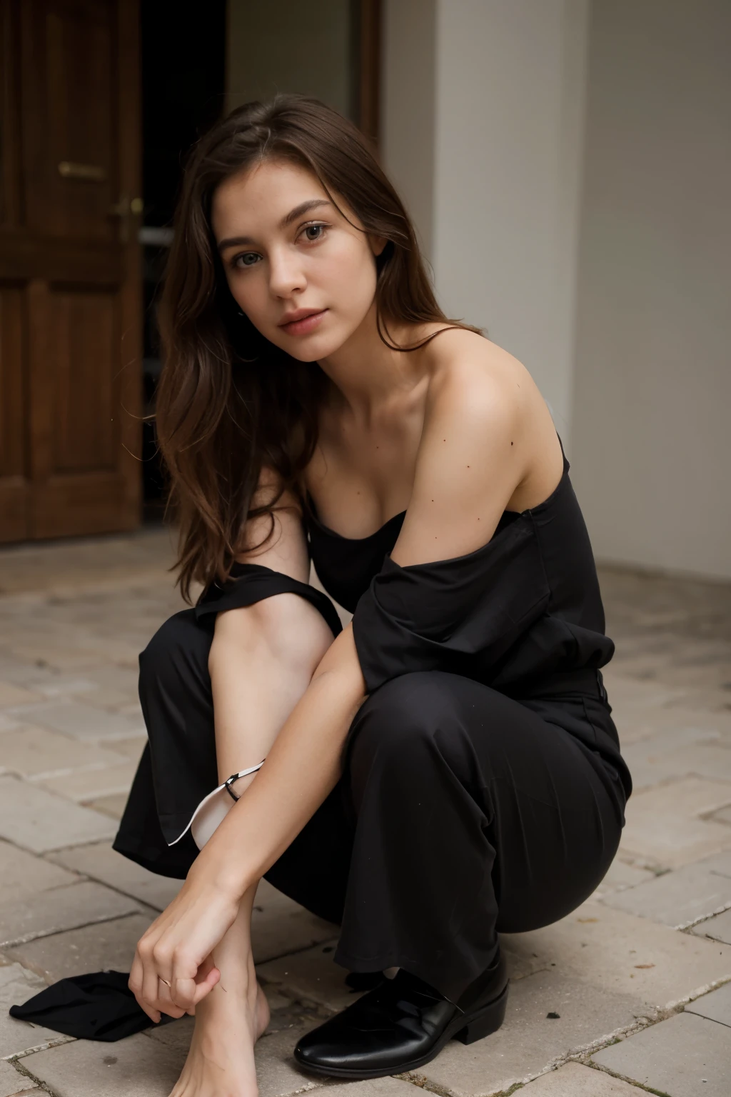 ((Best quality)), ((masterpiece)), (detailed), perfect face brown hair girl in a closed black jumpsuit full length