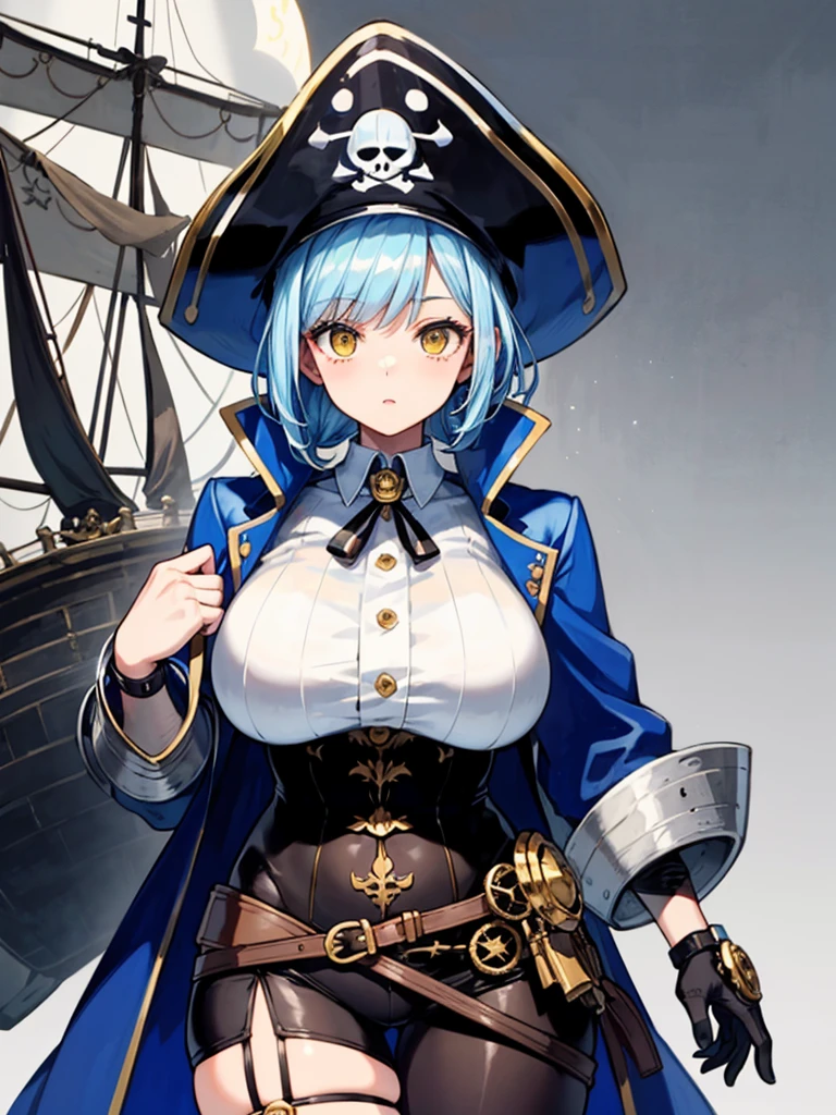 (((masterpiece、Highest image quality、highest quality、highly detailed unity 8kwallpaper)))、((Illustration of one girl、upper body))、(((beautiful girl)))、(female pirate)、(Light light blue hair、short ponytail:1.2、yellow eyes)、(((Right hand is a prosthetic hand、steampunk prosthetic arm)))、((tall))、(((muscle girl, muscle, bulky figure, massive frame, thick neck, sturdy arms, powerful legs)))、(captain's suit、Pirate hat、Blue coat)、Pirate ship deck
