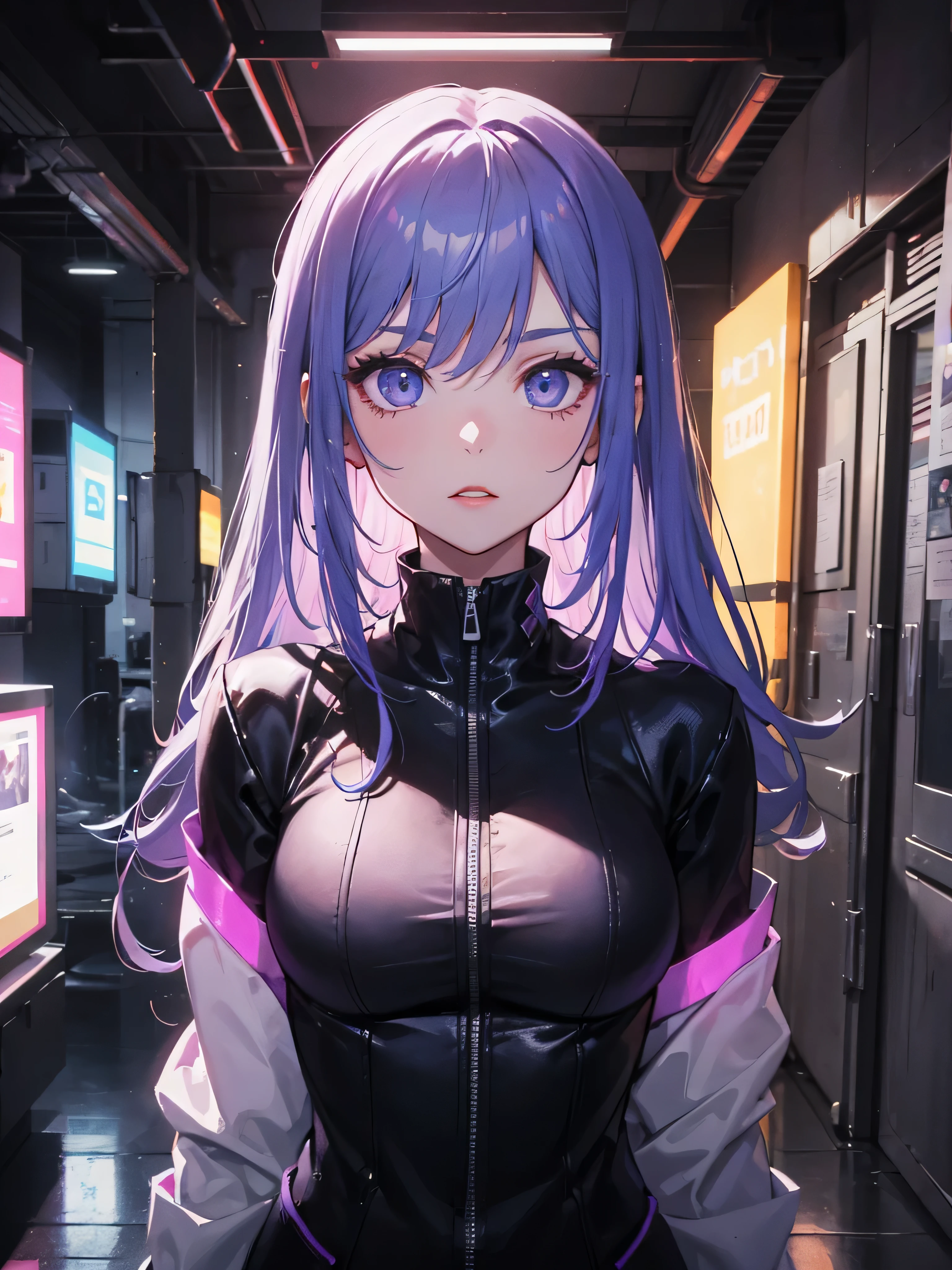 18-year-old anime girl's facial portrait creates extraordinary 8K masterpiece. She has striking blue, slit eyes。, Two-tone light lavender purple hair. her overall appearance is、、Exudes the aesthetics of a female gamer, wearing a stylish blue costume. Place your character in a room completely bathed in bright purple neon light。, Build a cyberpunk-style environment. The entire room should be illuminated with neon purple light, Room details not displayed, except for the bright glow. With this setting、Blur the background to emphasize the entire environment. Character composition must be created with great care, with impeccable red lipstick, eyelash, and very detailed eyes. Pay attention to the ultra-detailed face, lips, A unique way to incorporate hair that sets you apart from others. her very long hair、That should be the characteristic of this portrait....., Highlight eye-catching features with cinematic lighting. Add a touch of mystique to the artwork by including an ancient scroll with the words 'ME♡XO' written on it, Retained or prominently displayed within the configuration. This parchment must be an important element of the portrait. your character'Your eyes should have a mesmerizing blue glow, Perfect match for gamer theme. The final result should be a true masterpiece, Highlight amazing details in this 8K facial portrait. Focusing only on her face、Must capture the essence of the unique and tough anime player girl...., The entire room is illuminated with neon purple light. 8K, 。...............................3D, realist, super micro photography, highest quality, Super Detol CG Unity 8k,perfect face