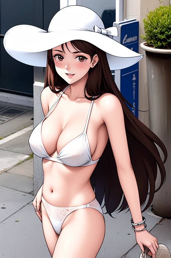 masterpiece, high quality, a sexy lady dressed as a white biker wearing a white bikini hat and white shirt with white bandana underneath, 1girl, full body, standing on the cruse ship, swimsuit, hat, sandals, bikini, long hair, solo, breasts, sun hat, brown hair, cleavage, white bikini, front-tie top, bracelet, navel, day, jewelry, 