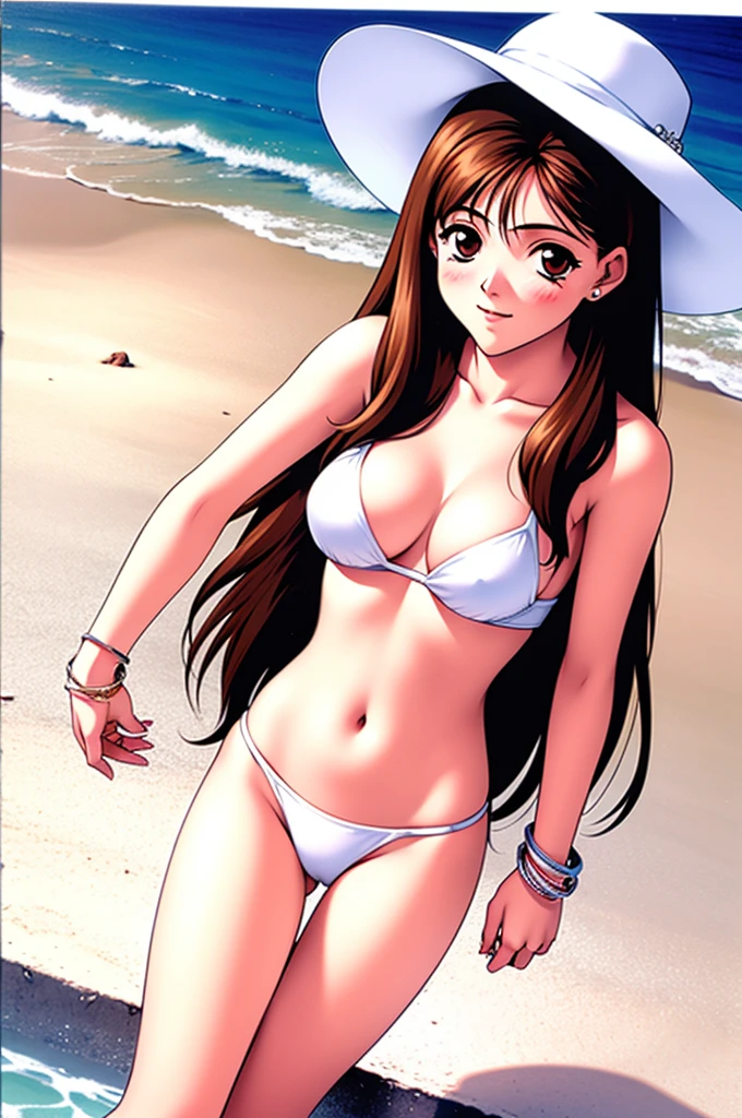 masterpiece, high quality, a sexy lady dressed as a white biker wearing a white bikini hat and white shirt with white bandana underneath, 1girl, full body, standing on the cruse ship, swimsuit, hat, sandals, bikini, long hair, solo, breasts, sun hat, brown hair, cleavage, white bikini, front-tie top, bracelet, navel, day, jewelry, 