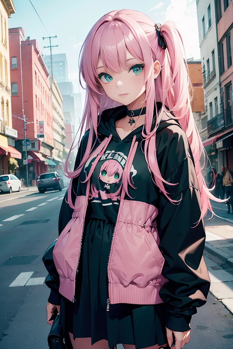 ((1 girl)), latest trend clothes, Street fashion,black hoodie,Cute skirt,relaxed pose,cowboy shot,((Super detailed,highest quality, High resolution, 8k wallpaper, beautiful clothes,)),((pink hair, long hair,straight hair,two side up)) (green eyes),eye shadow, eyeliner,Glow eye, highly detailed eyes, complicated eyes, beautiful eyes, 18 year old girl.