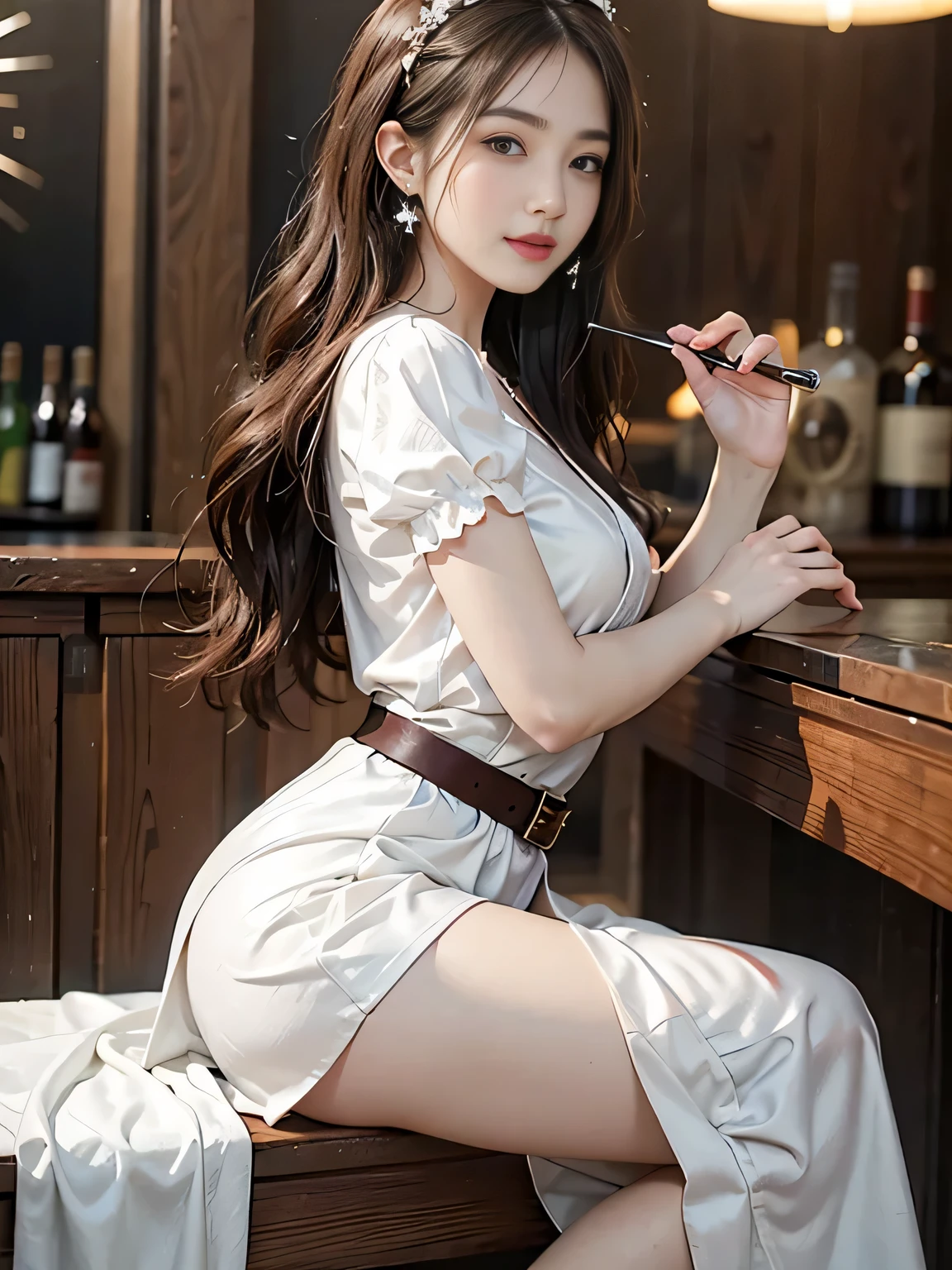 ((whole body)), ((from the side)), ((actual)), 1 Korean female model, A young girl, (in the bar, sitting position, cross legs, Leaning against the bar), Pleasing posture, Various poses to attract attention, The legs are so long, Detailed scene, curls, air bangs, beautiful hair accessories, brown hair, Light makeup, blush blush, lip gloss, ((White floral silk dress, high waist, nice belt, High heel)), warm light, warm color palette, Delicate color saturation, detailed details, super detailed, (masterpiece, best quality), (Extremely exquisite and beautiful work), exquisite earrings, exquisite necklace, simple blurr background, extremely detailed description, Ultra-fine painting, delicate face, slim, thin waist, (grinning, happy grinning, Show teeth), (anatomically correct)