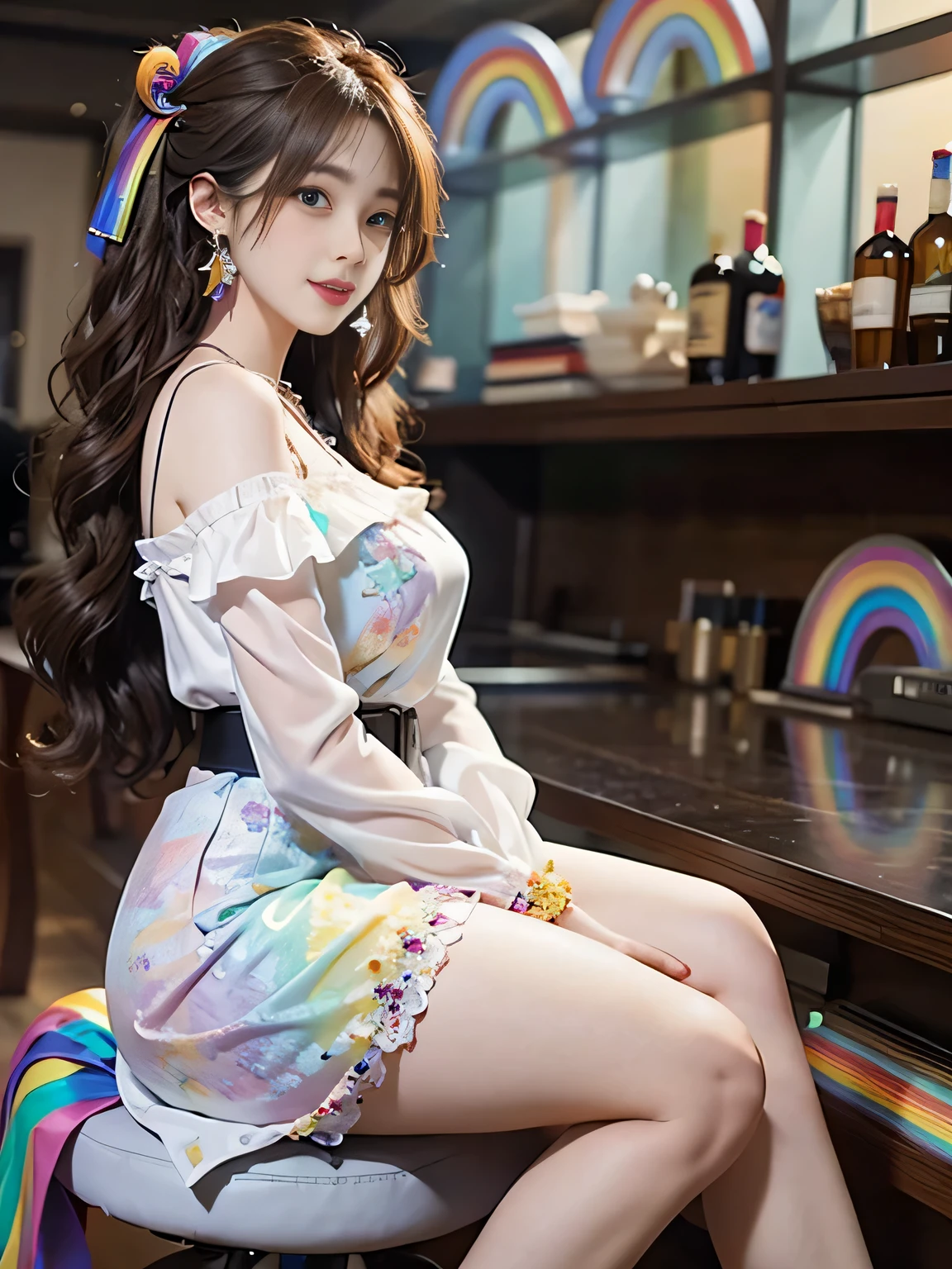 ((whole body)), ((from the side)), ((actual)), 1 Korean female model, A young girl, (in the bar, stand up, 站stand up, cross legs, Leaning against the bar), Pleasing posture, Various poses to attract attention, The legs are so long, Detailed scene, curls, air bangs, beautiful hair accessories, brown hair, Light makeup, blush blush, lip gloss, ((White floral dress, high waist, nice belt, High heel)), warm light, (Rainbow all colors: 1.8), warm color palette, Delicate color saturation, detailed details, super detailed, (masterpiece, best quality), (Extremely exquisite and beautiful work), exquisite earrings, exquisite necklace, simple blurr background, extremely detailed description, Ultra-fine painting, delicate face, slim, thin waist, (grinning, happy grinning, Show teeth), (anatomically correct)
