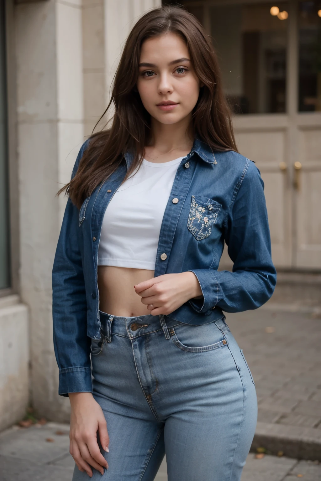 ((Best quality)), ((masterpiece)), (detailed), perfect face brown hair girl in a denim suit full length