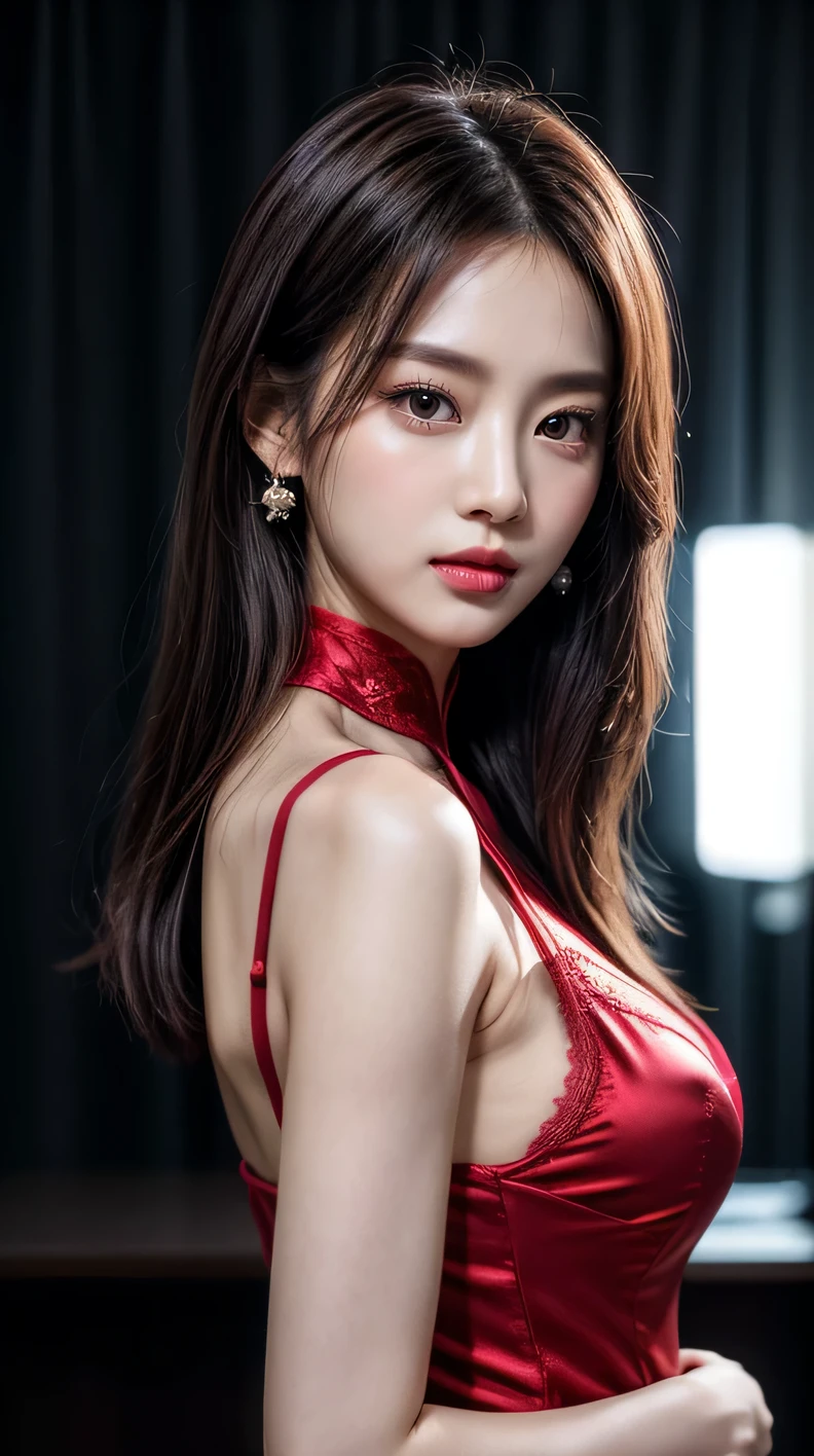 8k, masterpiece, RAW photo, best quality, photorealistic, extremely detailed CG unity 8k wallpaper, Depth of field, Cinematic Light, Lens Flare, Ray tracing, (extremely beautiful face, beautiful lips, beautiful eyes), intricate detail face, ((ultra detailed skin)) 1girl, in the dark, deep shadow, pretty korean girl, kpop idol, 1 girl, (very slim slender fit-muscled body:1.3), ((looking at viewer)),(big smile:1.3), (hot pink color blouse), (sleeveless) , (fashion city night, dark night, (neon sign), (blurred background), fashion street night),(without people in the background:1.3), beautiful earrings, bracelets, necklace, pantyhose, clear eyes, walking, (pale skin), (big eyes), face forward, ((upper body shot)), ((silk red color dress:1.3)),(brown hairs),((tight fitting laced dress)), (laced dress), (see through), (looking at viewer:1.3) open breast, Enlarged breasts，A plump chest，Full Tits，Bigchest，Extra large breasts，Realisticstyle，Deep cleavage，perfect bodies，largeeyes， see through, medium butts