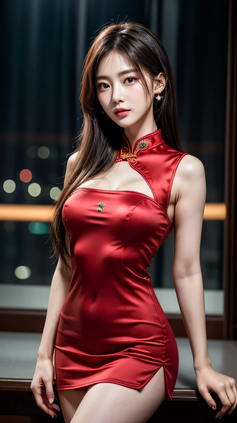 ((best quality, 8k, masterpiece: 1.3)), focus: 1.2, Wearing a emerald red cheongsam,8k ultra high definition,masterpiece级别的作品,RAW format photos,best picture quality,extreme details(1.2):Realistic reproduction,8K resolution unifies extremely detailed CG,8K diamond level exquisiteness,Wallpaper-like visual impact,Has deep depth of field、Layered light and shadow effects、Lens flash、Ray tracing technology(Amazingly beautiful face、beautiful lips、beautiful eyes),The facial details are extremely delicate(Skin texture is extremely delicate)——Depicting Korean female models,in the dark night,in deep shadow,Charming Korean girl,Just like a K-pop idol(Extremely slim and tight figure:1.3),Shown from the audience’s perspective,Slip nightdress:1.3,Short clothing tailoring design,city night view,neon lights,Beautiful Korean girl in dark night atmosphere,Wear pearl stud earrings、lace pantyhose,eyes clear and bright,Walking posture,Has fair skin,Look directly at the front of the camera,Big eyes full of charm(Upper body close-up),Wearing a close-fitting silk cheongsam,A while,Back close-up,The overall image is extremely slim、Slim and elegant,Exquisite facial features,She looks a lot like actor Kim Hee Sun