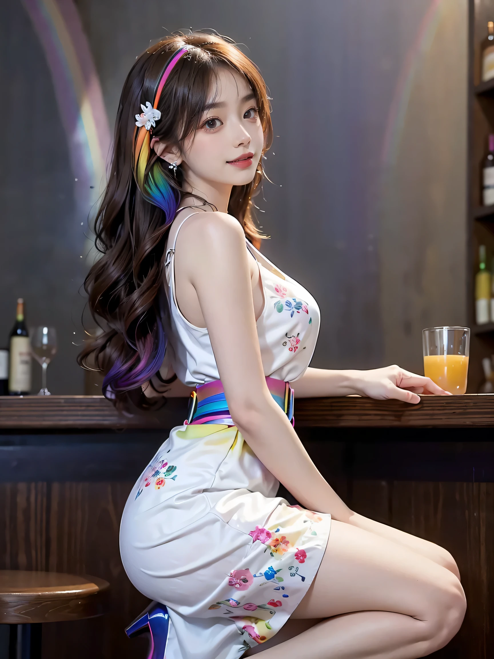 ((whole body)), ((from the side)), ((actual)), 1 Korean female model, A young girl, (in the bar, stand up, 站stand up, cross legs, Leaning against the bar), Pleasing posture, Various poses to attract attention, The legs are so long, Detailed scene, curls, air bangs, beautiful hair accessories, brown hair, Light makeup, blush blush, lip gloss, ((White floral dress, high waist, nice belt, High heel)), warm light, (Rainbow all colors: 1.8), warm color palette, Delicate color saturation, detailed details, super detailed, (masterpiece, best quality), (Extremely exquisite and beautiful work), exquisite earrings, exquisite necklace, simple blurr background, extremely detailed description, Ultra-fine painting, delicate face, slim, thin waist, (Smile), (anatomically correct)